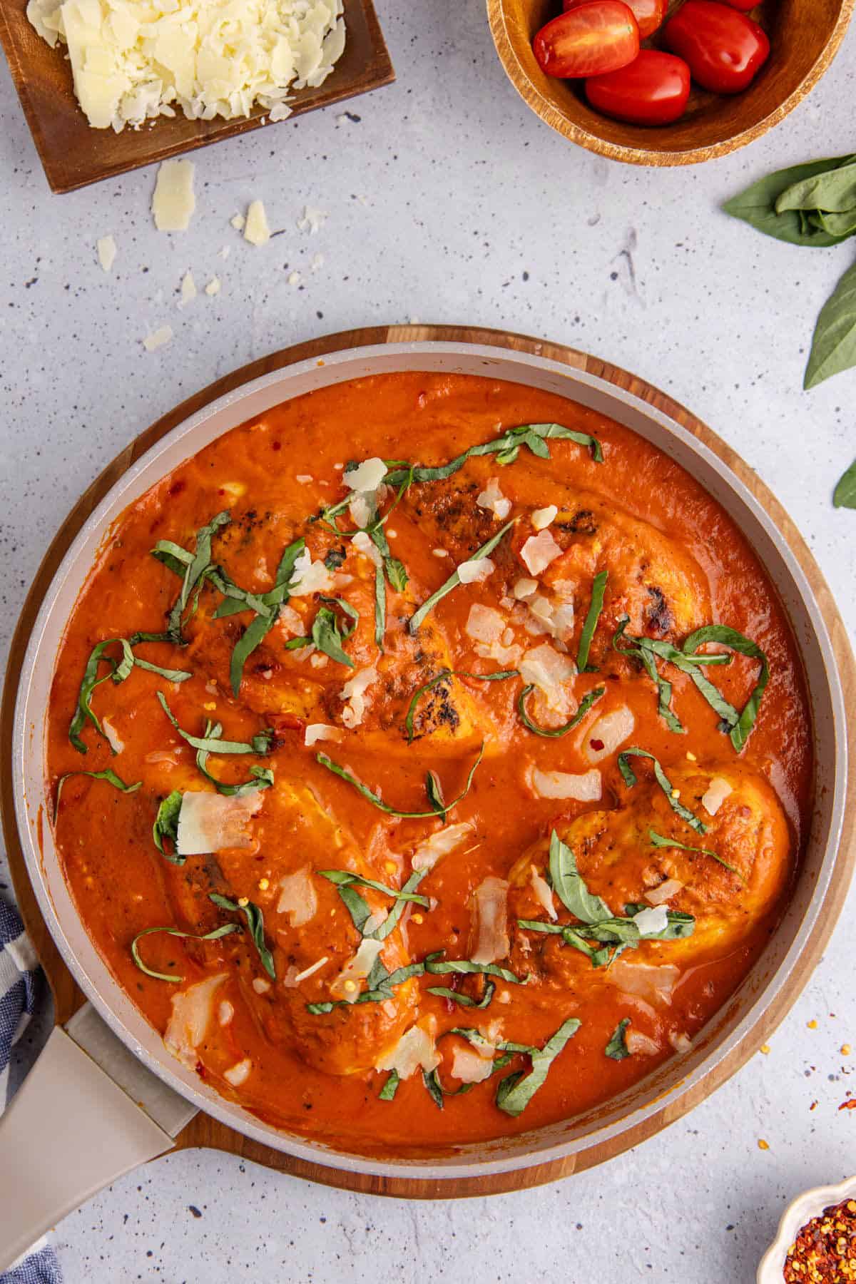 Tomato Basil Chicken in a pan after cooking