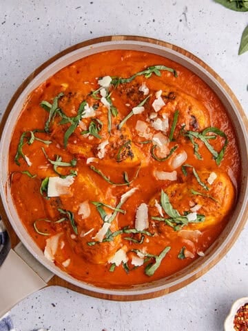 Tomato Basil Chicken in a pan after cooking
