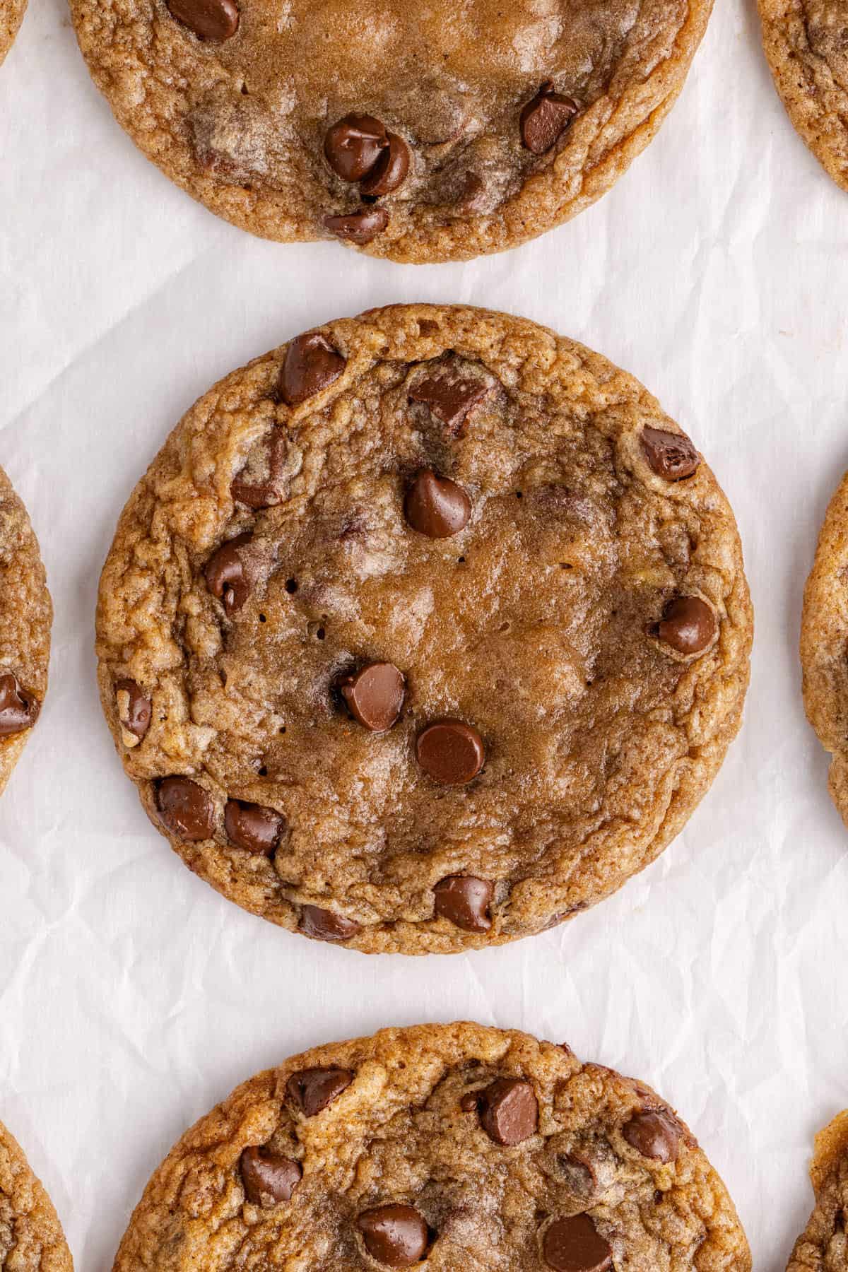 Banana Chocolate Chip Cookies on parchment paper from above