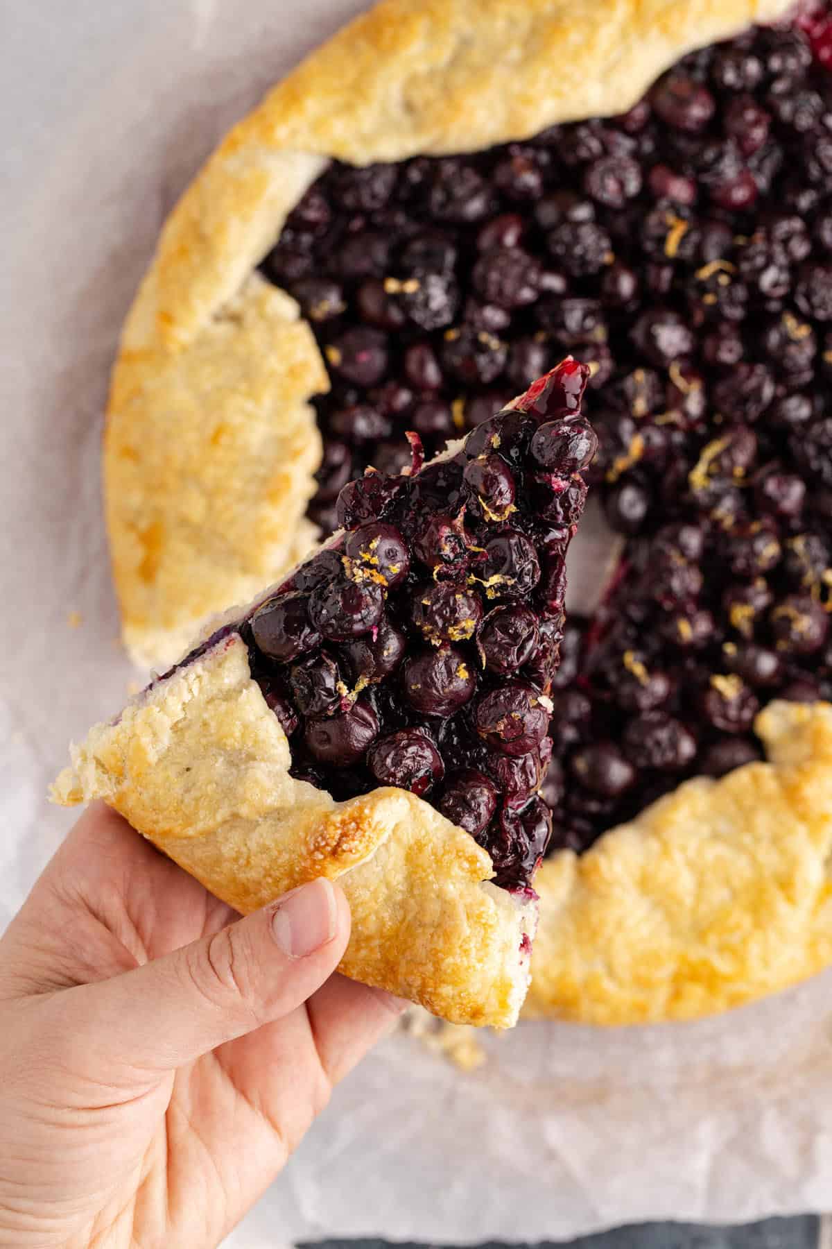 Blueberry Galette slice being helded up