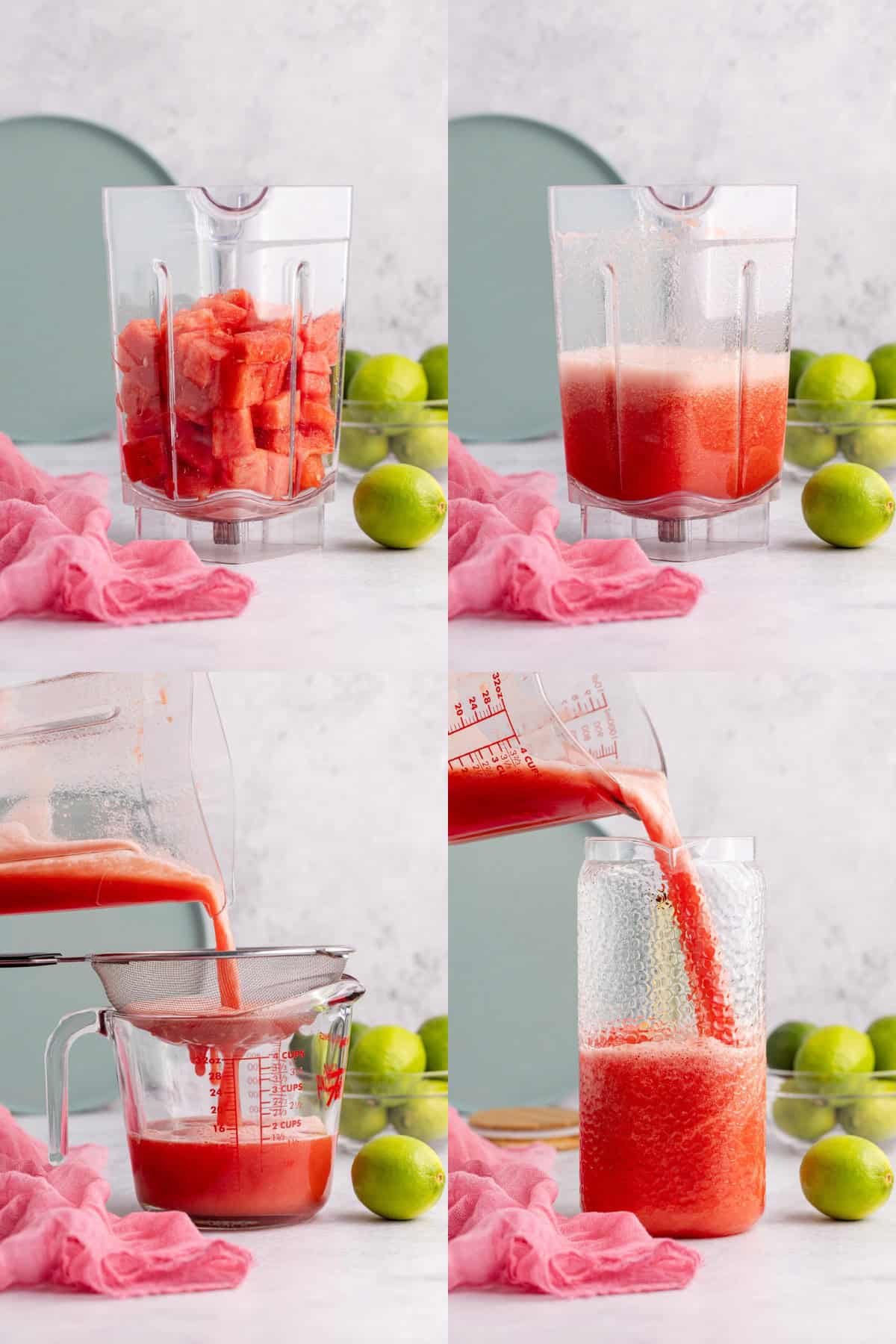 Watermelon Juice Cubed, Blended, and Strained into a Pitcher