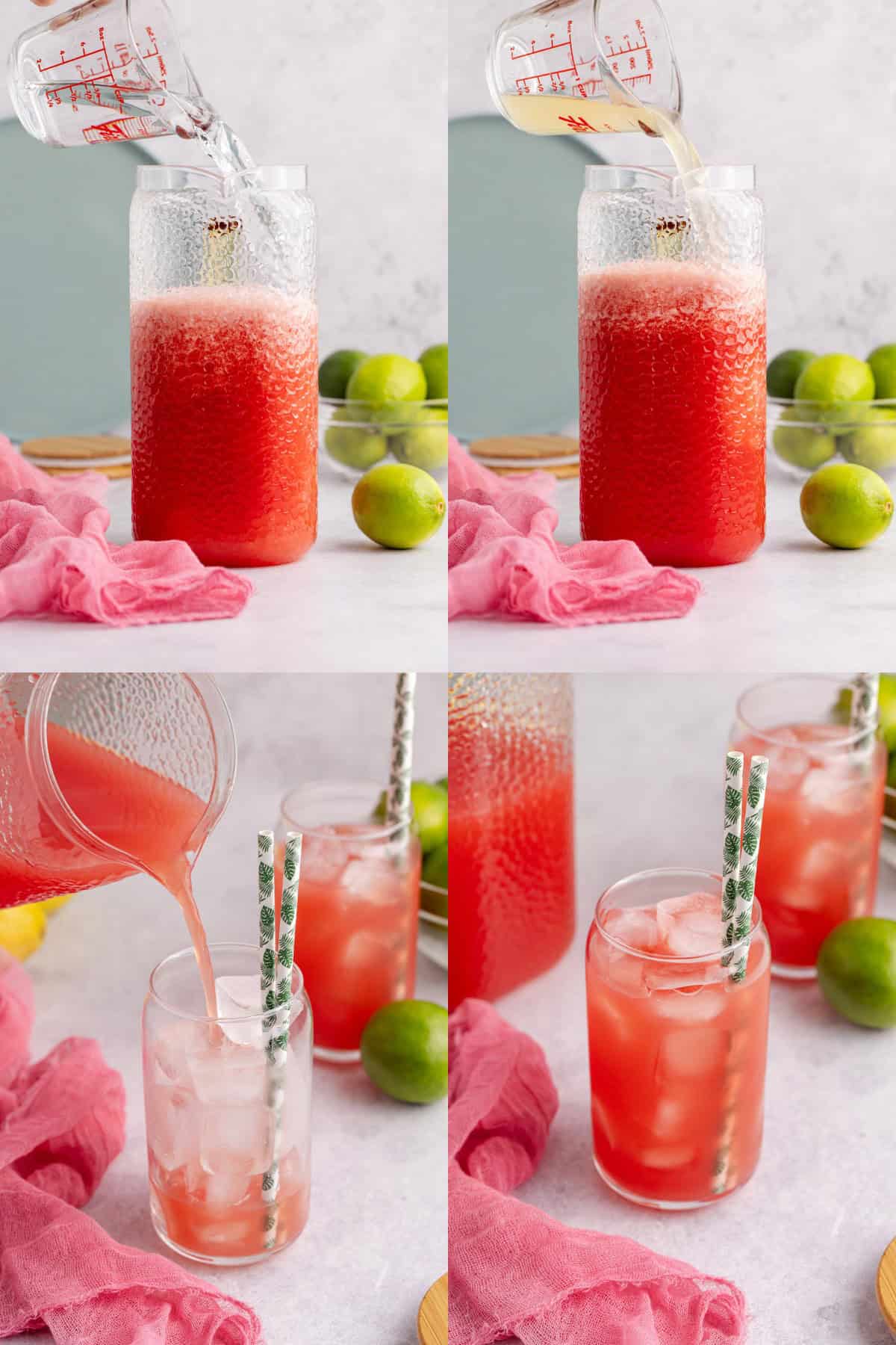 Watermelon Juice Poured into a Pitcher and Poured into a Glass over Ice with Paper Straws