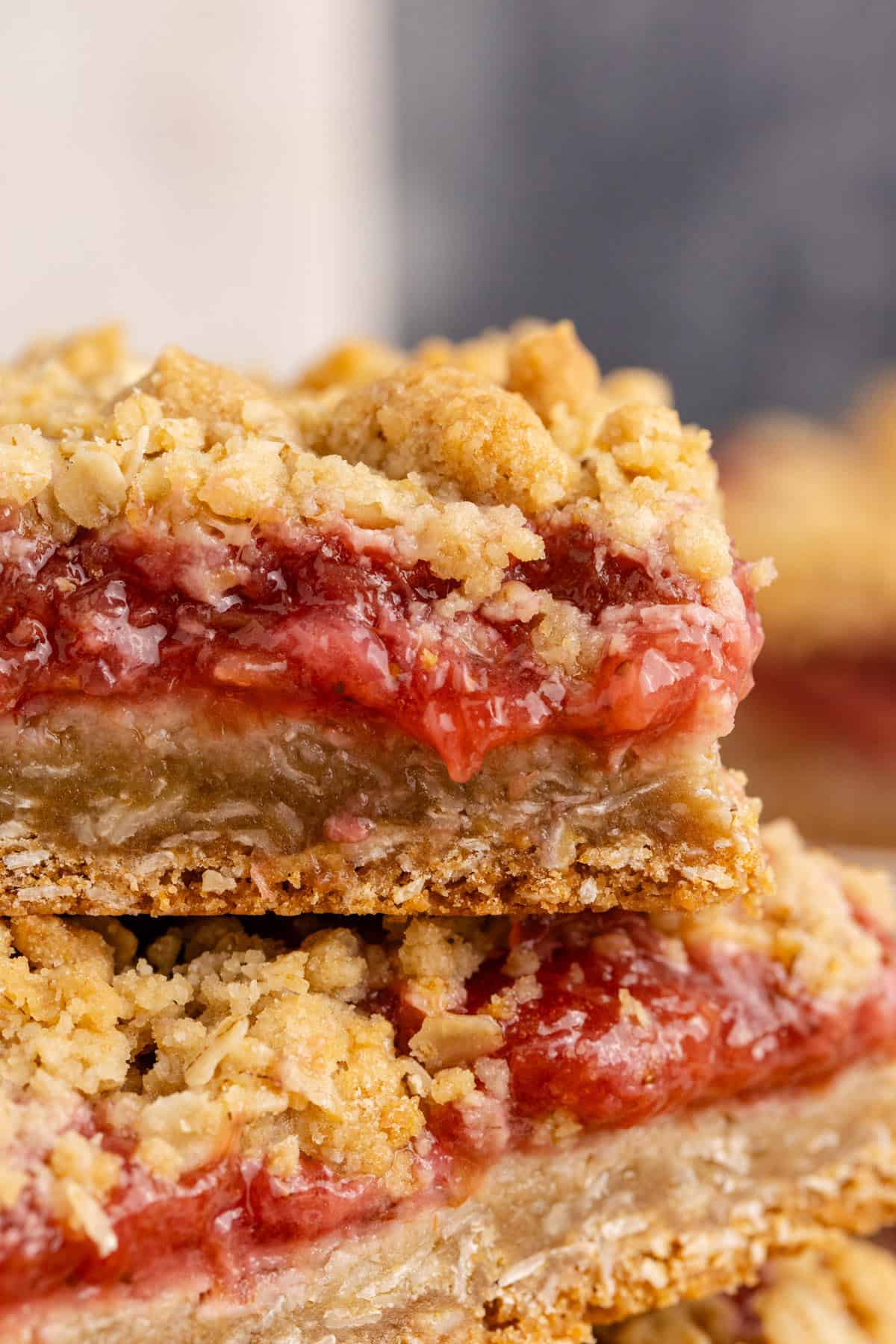 Close Up of Strawberry Layer in Strawberry Rhubarb Bars
