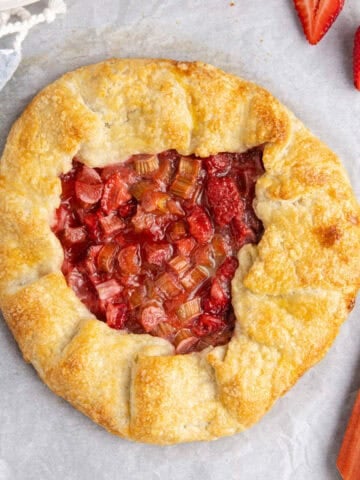 Strawberry Rhubarb Galette on parchment paper from over top