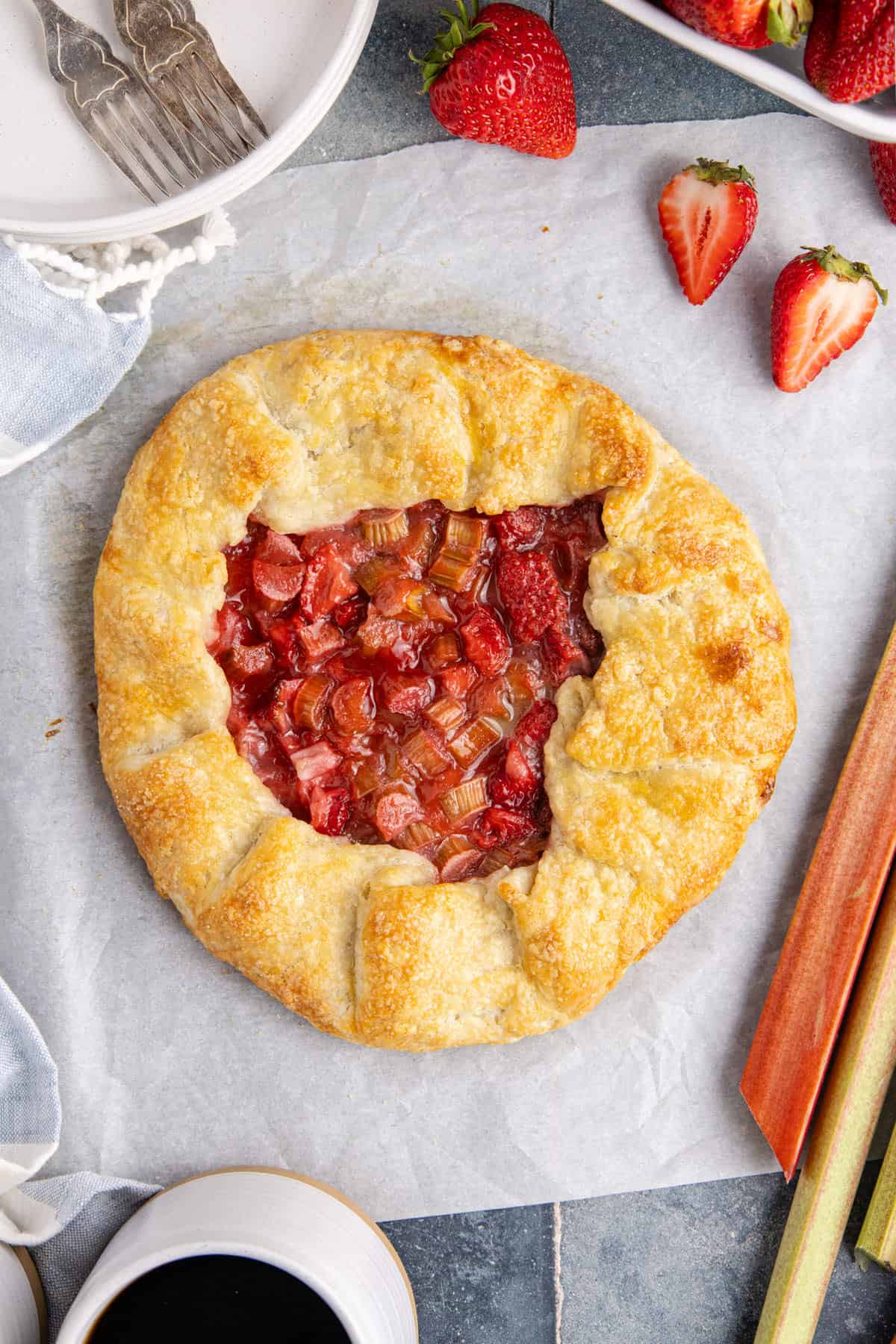 Strawberry Rhubarb Galette on parchment paper from above