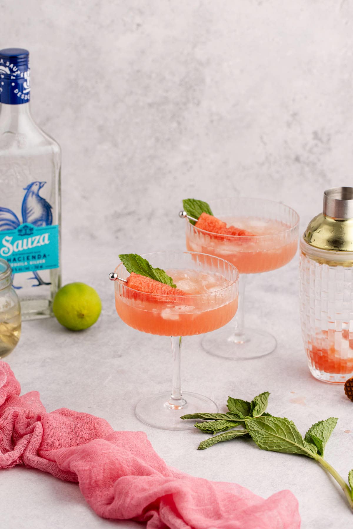 Watermelon Sour Served in Coupe with Watermelon Cube and Mint Leaf Garnish