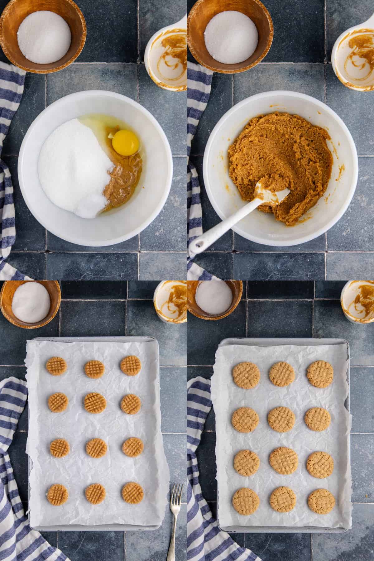 Peanut Butter Cookie Dough Mixed in Bowl and Scooped onto Parchment Lined Baking Sheet