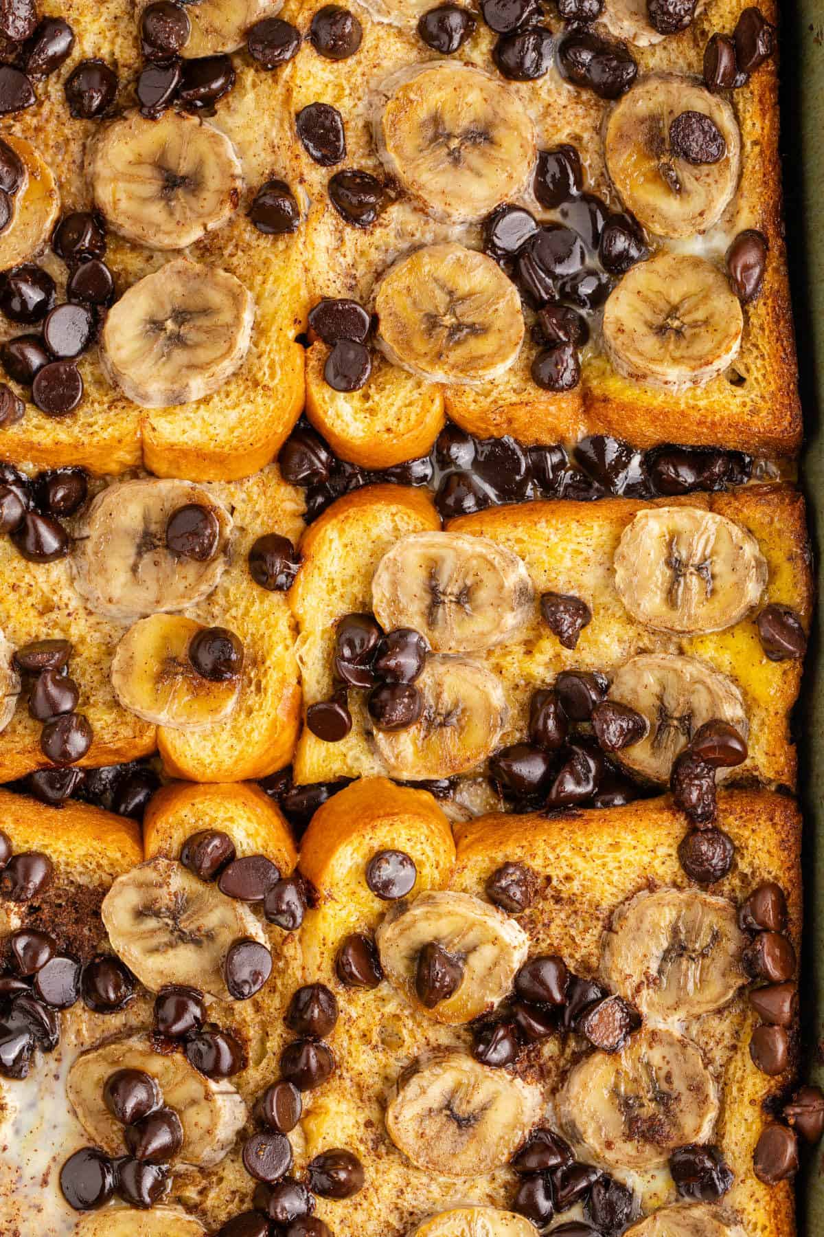 Banana French Toast Casserole in a dish baked, close up