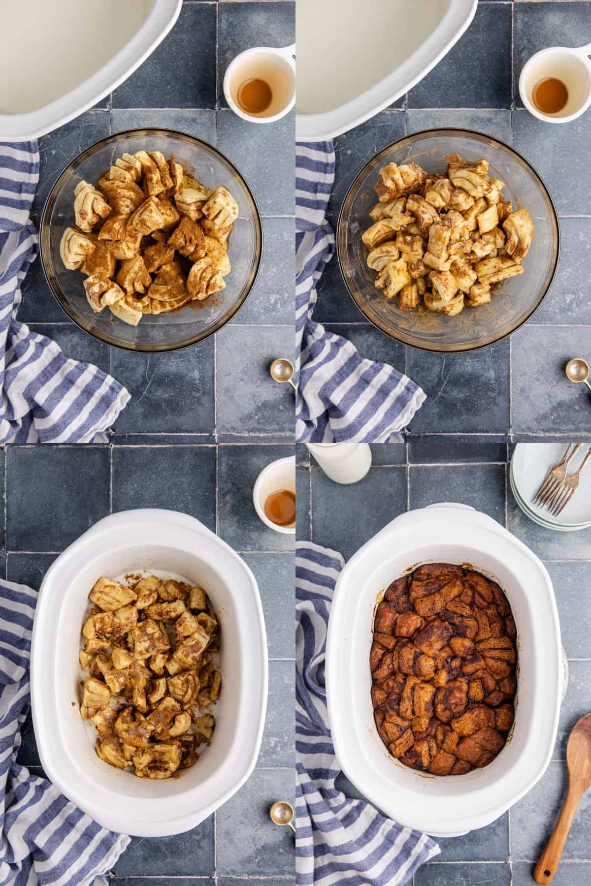 Cinnamon Bun Pieces Mixed in Large Bowl and Added to Crock Pot to Cook