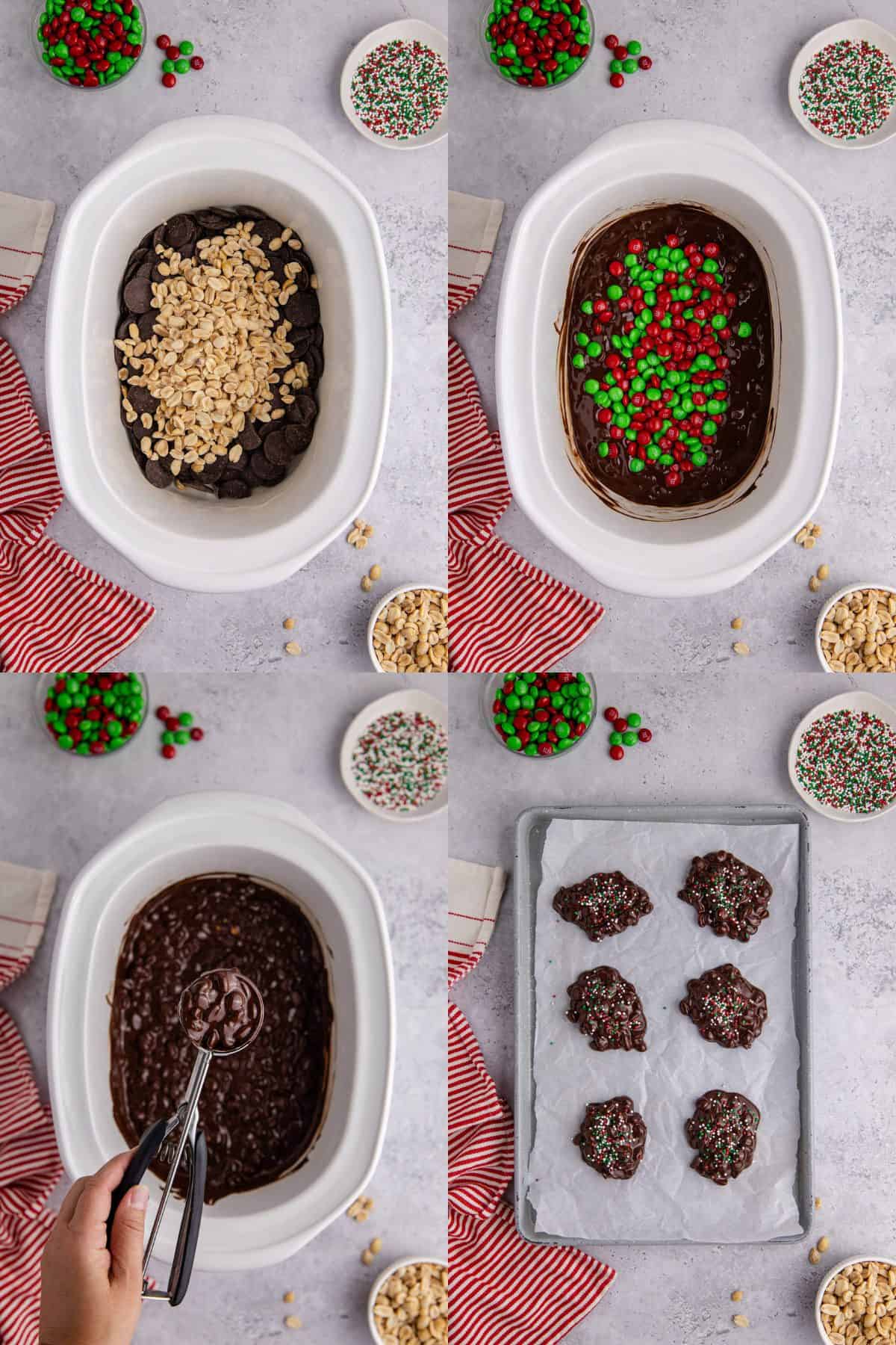 Crockpot Candy Being Made and Mixed in Crockpot and Dropped onto Baking Sheet