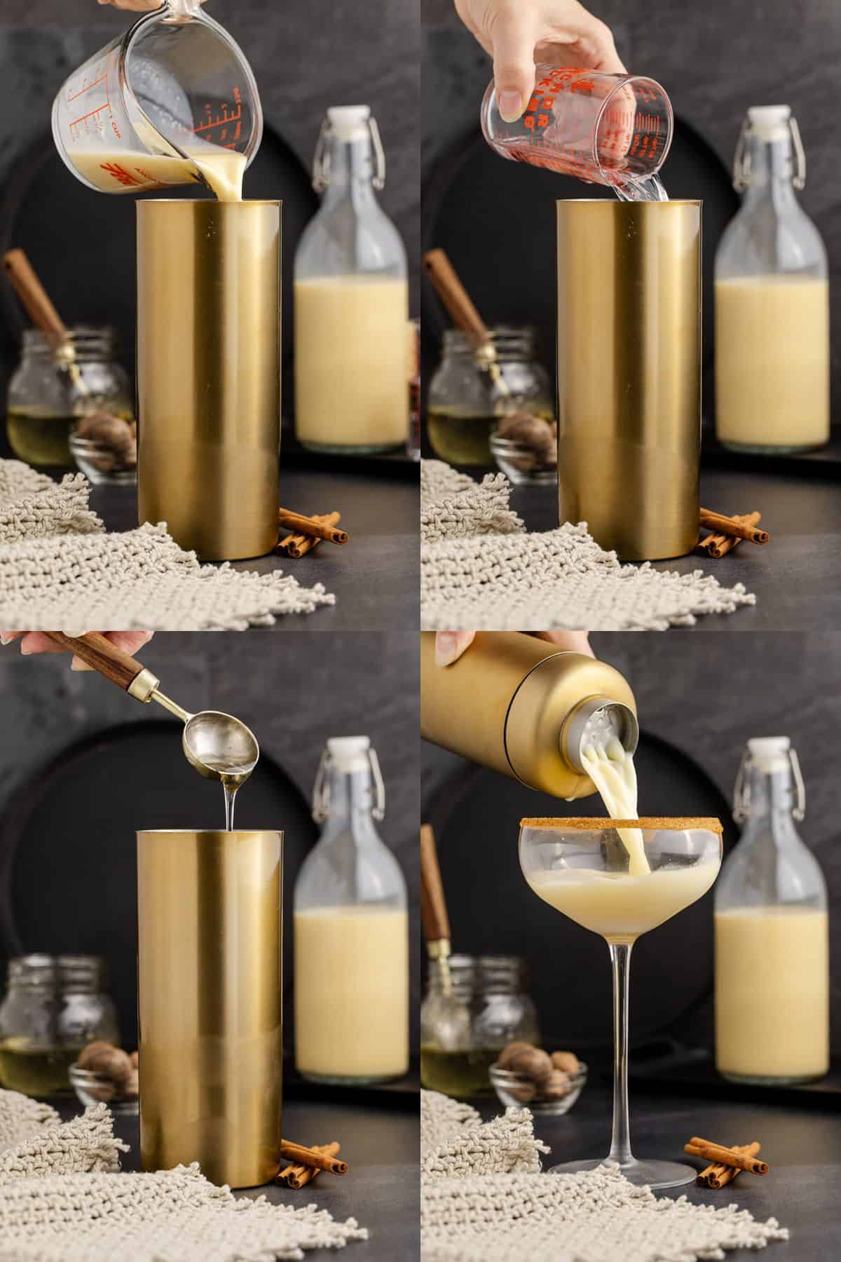 Eggnog Martini Cocktail Ingredients Poured into a Cocktail Shaker and Poured into Coupe Glass