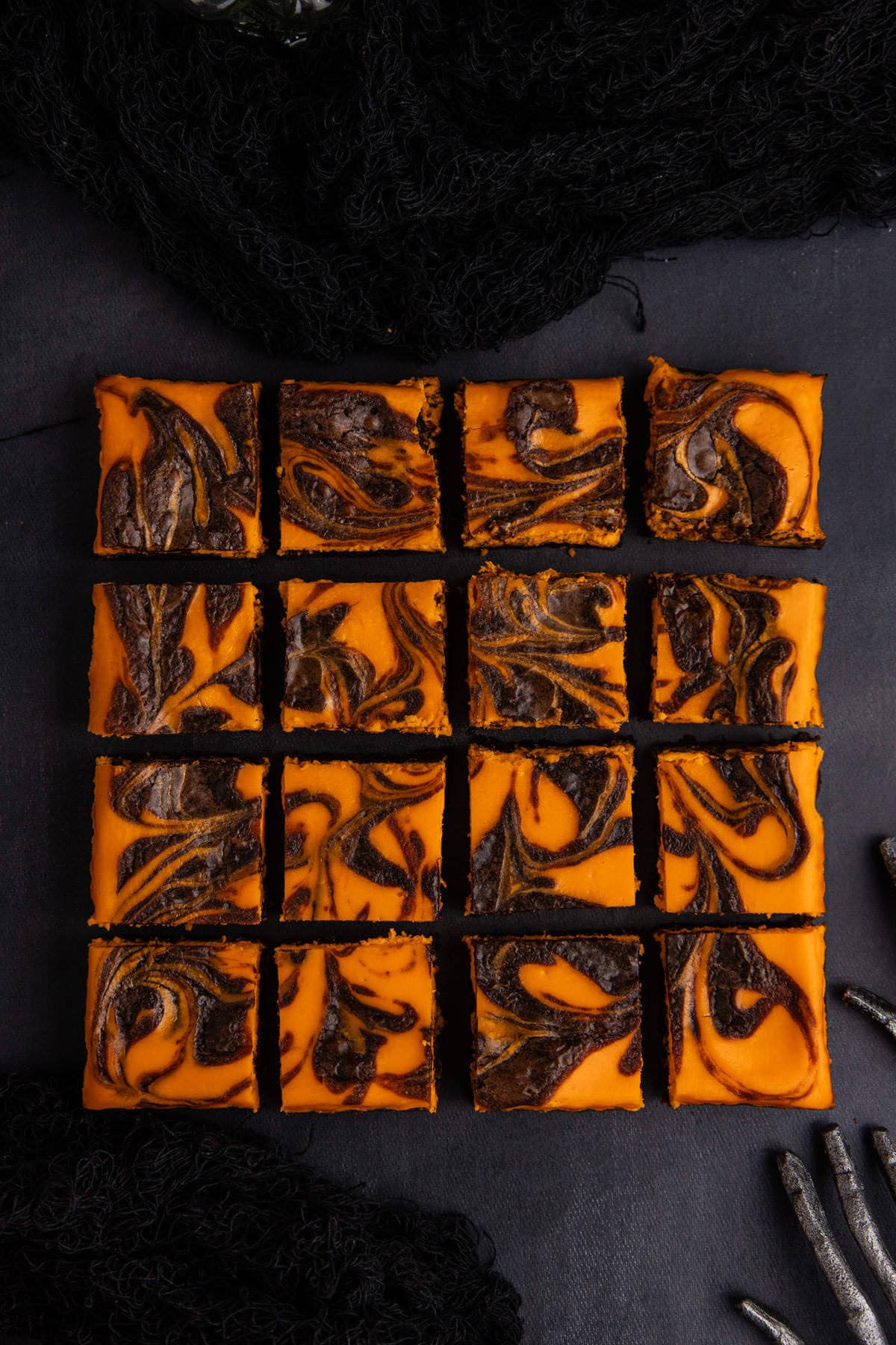 Halloween Brownies Overhead Sliced into 16 Squares