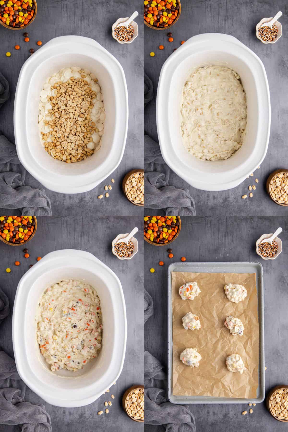 White Chocolate Melting Wafers Peanuts and Reese's Pieces Mixed in Crockpot and Scooped onto Baking Sheet