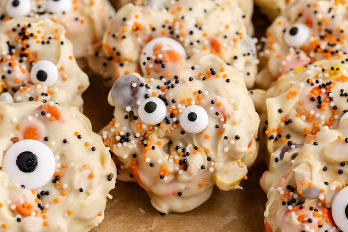 White Chocolate Peanut Halloween Crockpot Candy with Halloween Sprinkles and Edible Eyeballs