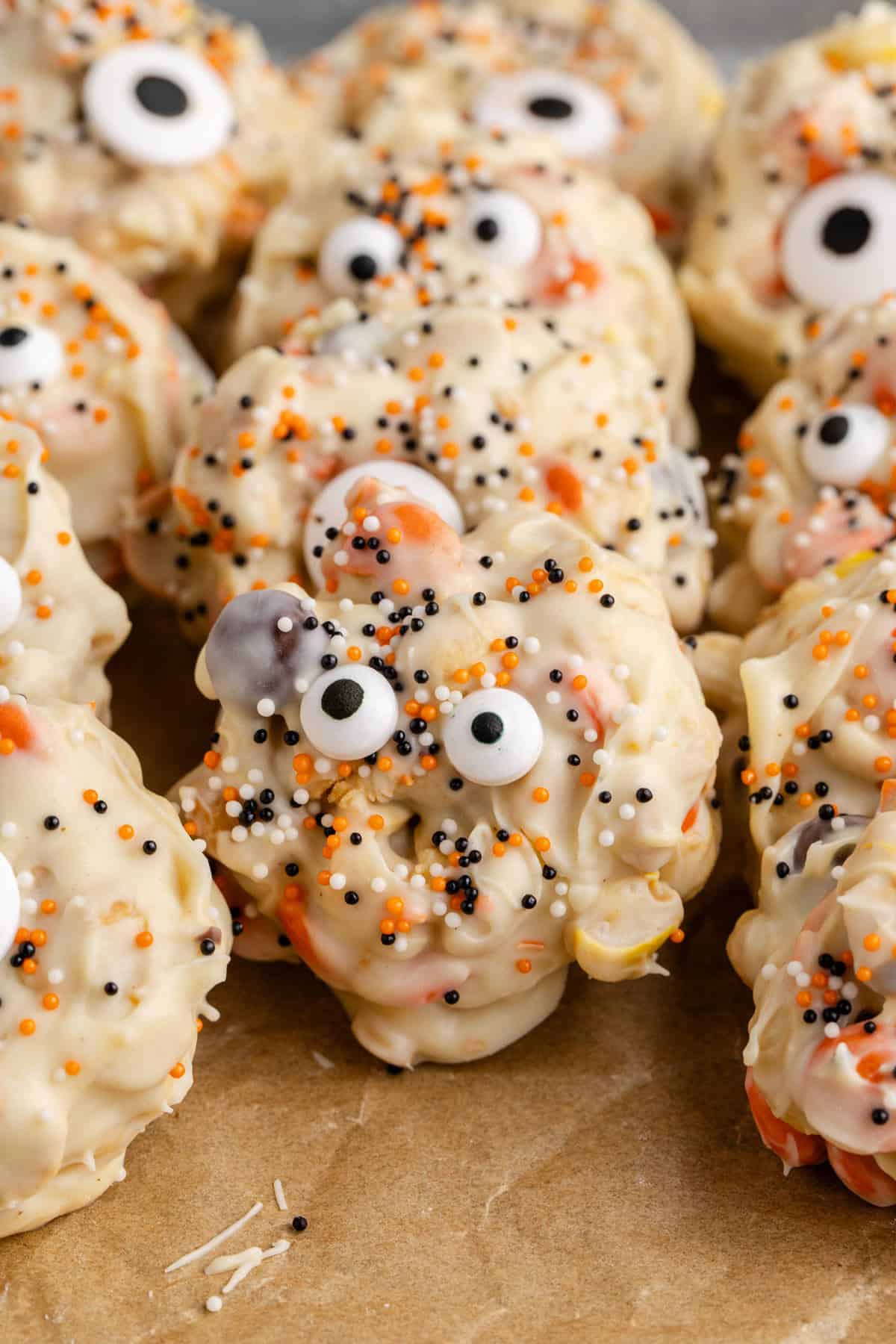 White Chocolate Peanut Halloween Crockpot Candy with Halloween Sprinkles and Edible Eyeballs