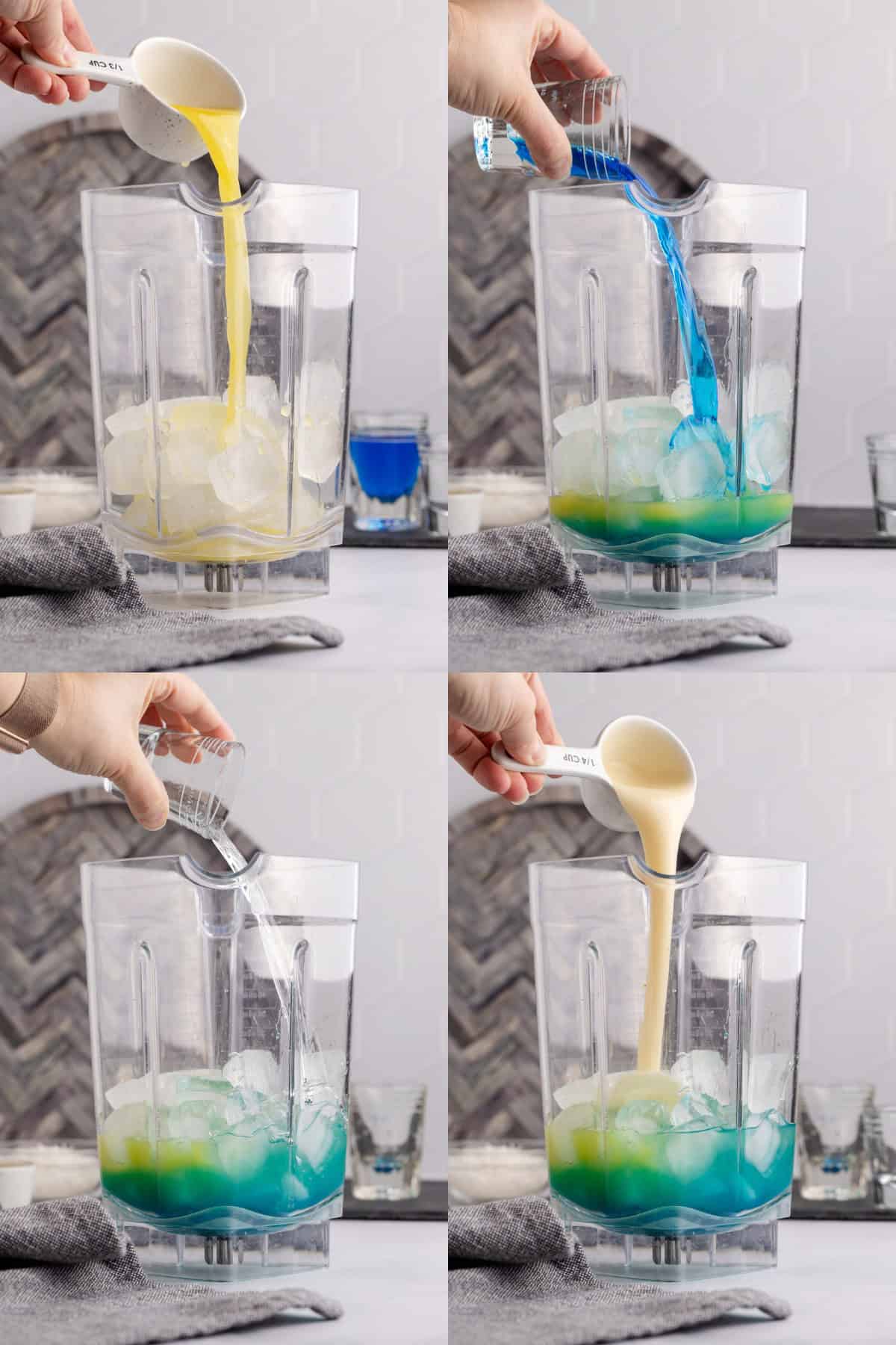 Jack Frost Cocktail Ingredients Being Poured into Mixer