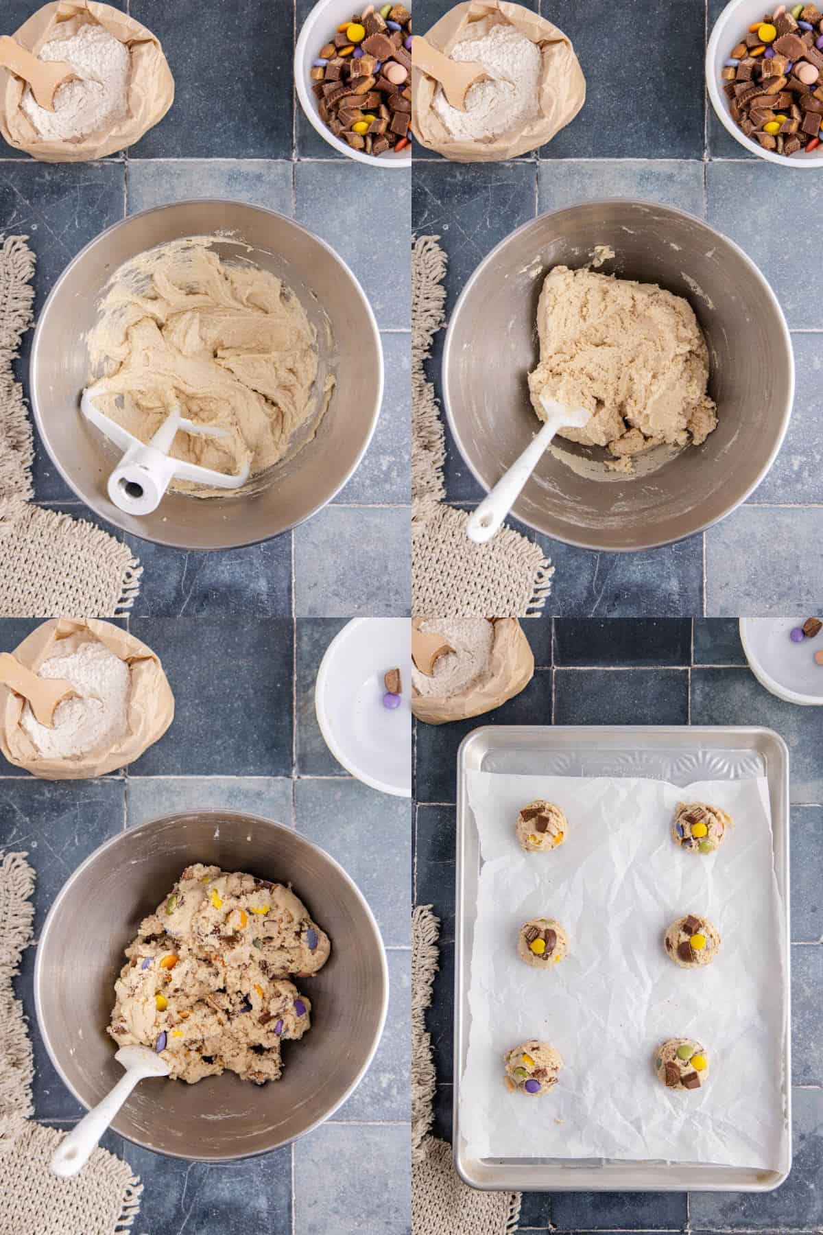 Leftover Halloween Candy Cookie Dough Being Mixed and Scooped onto Parchment Lined Baking Sheet