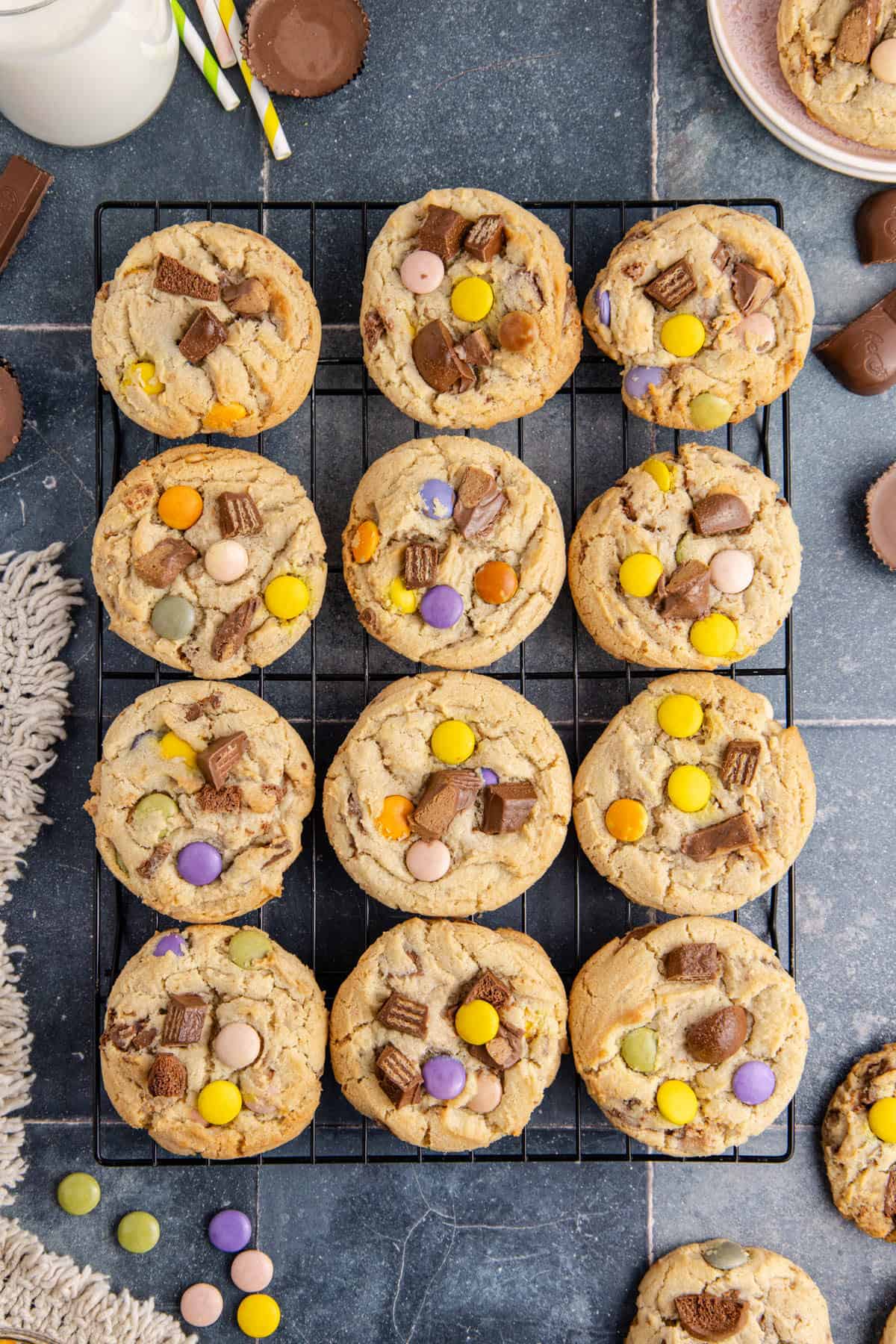 Leftover Halloween Candy Cookies with Smarties and Aero Chocolate Pieces on Wire Rack