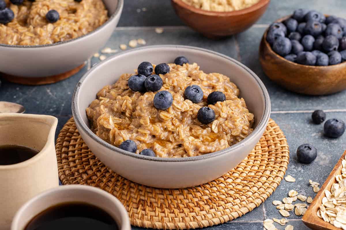 Maple Brown Sugar Oatmeal garnished with blueberries