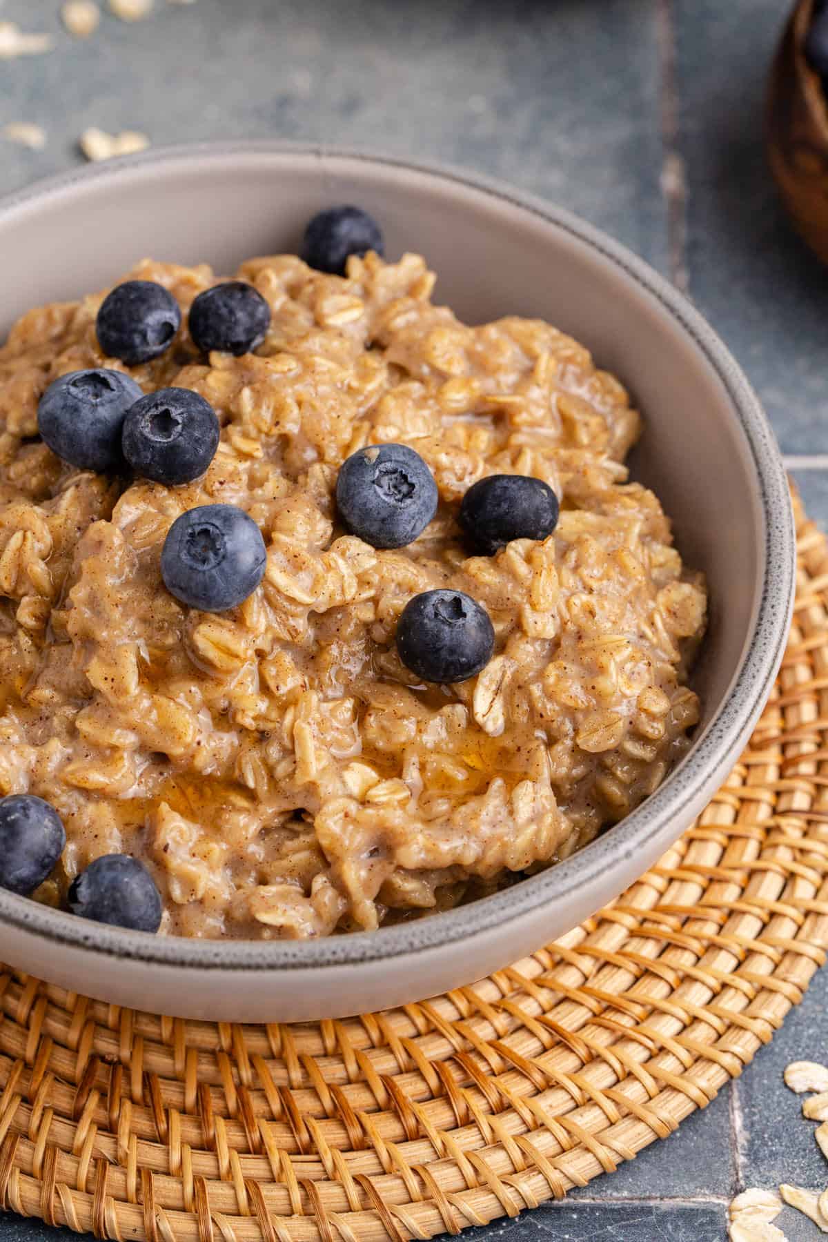 Maple Brown Sugar Oatmeal close up with blueberries
