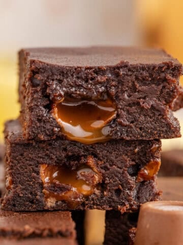 Stacked Brownies with Melted Rolo Chocolate Caramels