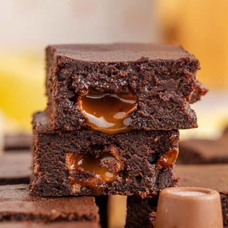 Stacked Brownies with Melted Rolo Chocolate Caramels