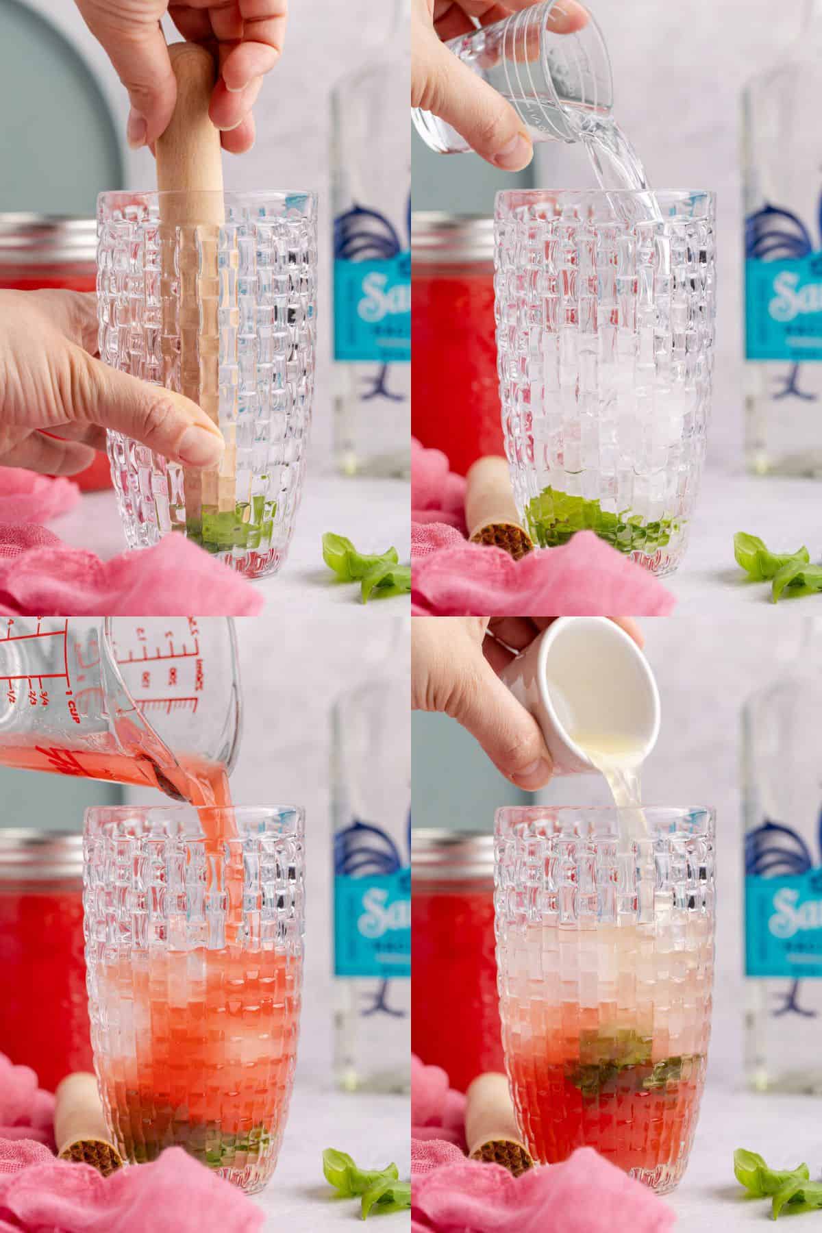 Watermelon Basil Margarita being made in a cocktail shaker