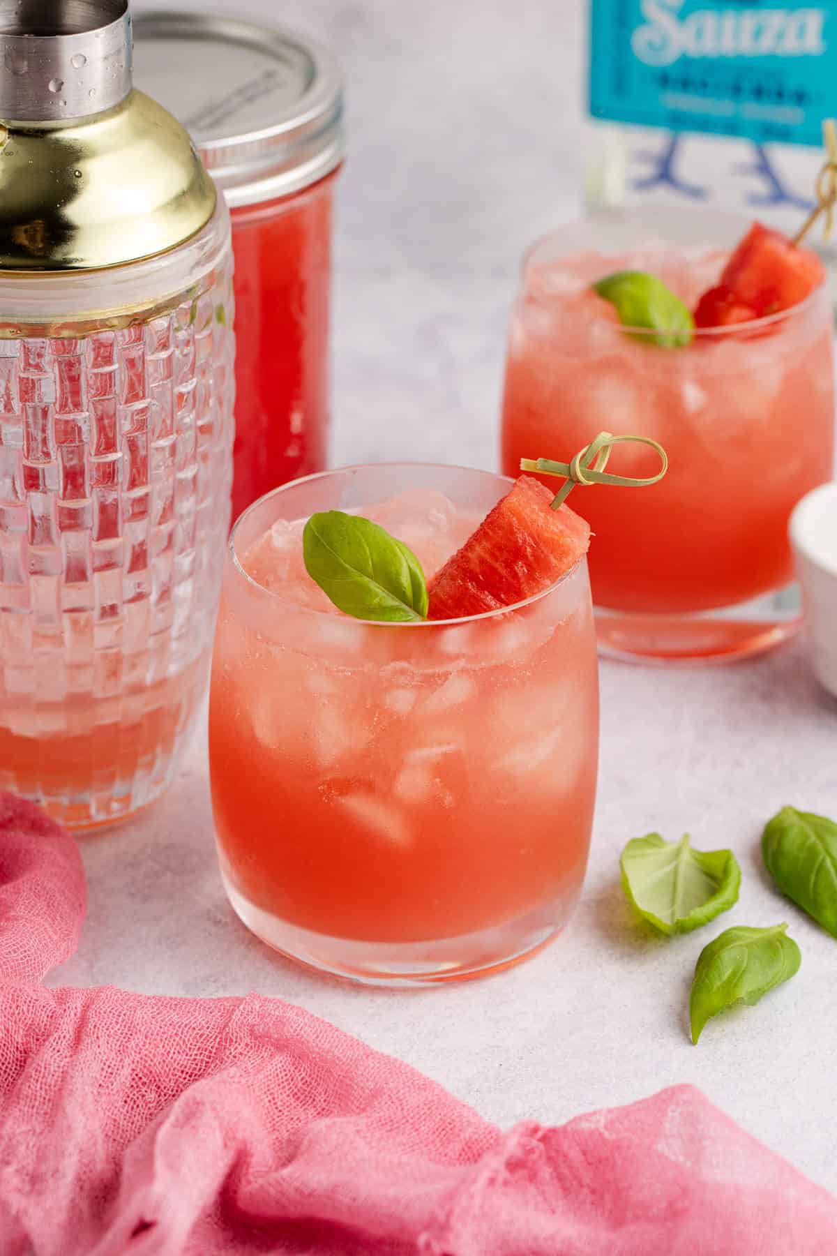 Watermelon Basil Margarita garnishes with basil