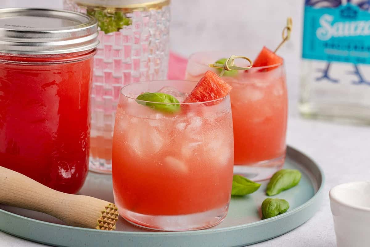 Watermelon Basil Margarita in glasses on a tray