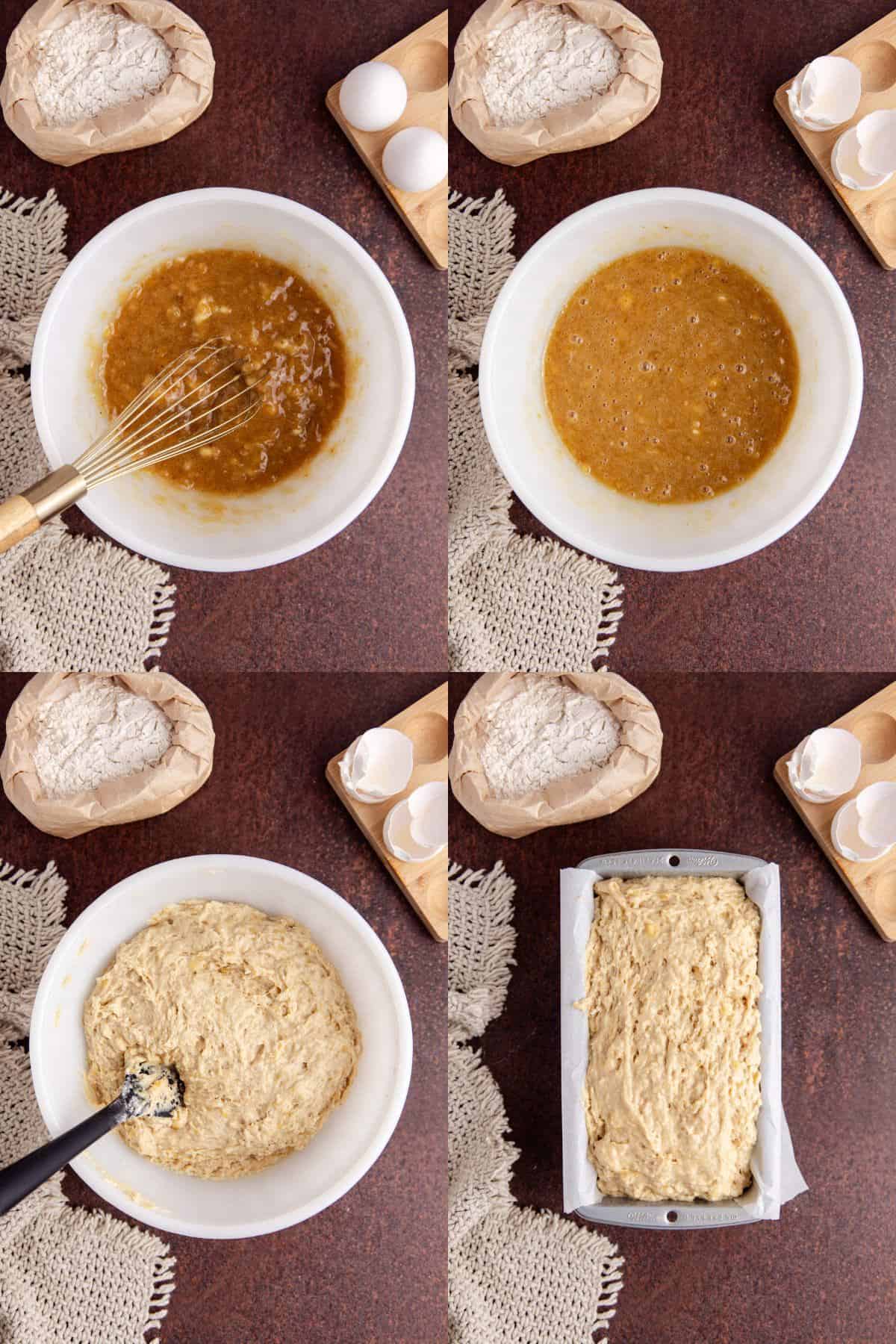 4 Ingredient Banana Bread being mixed in a bowl then put in a loaf pan