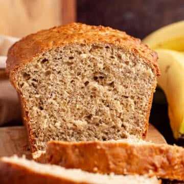 4 Ingredient Banana Bread up close with slices taken