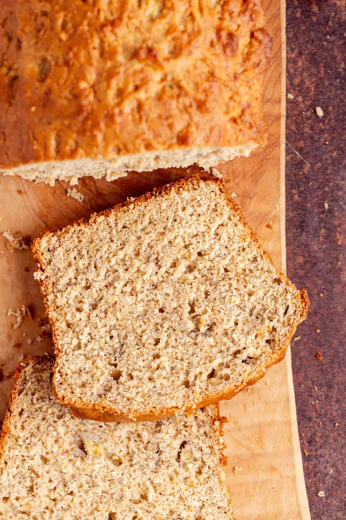 4 Ingredient Banana Bread from above partially sliced