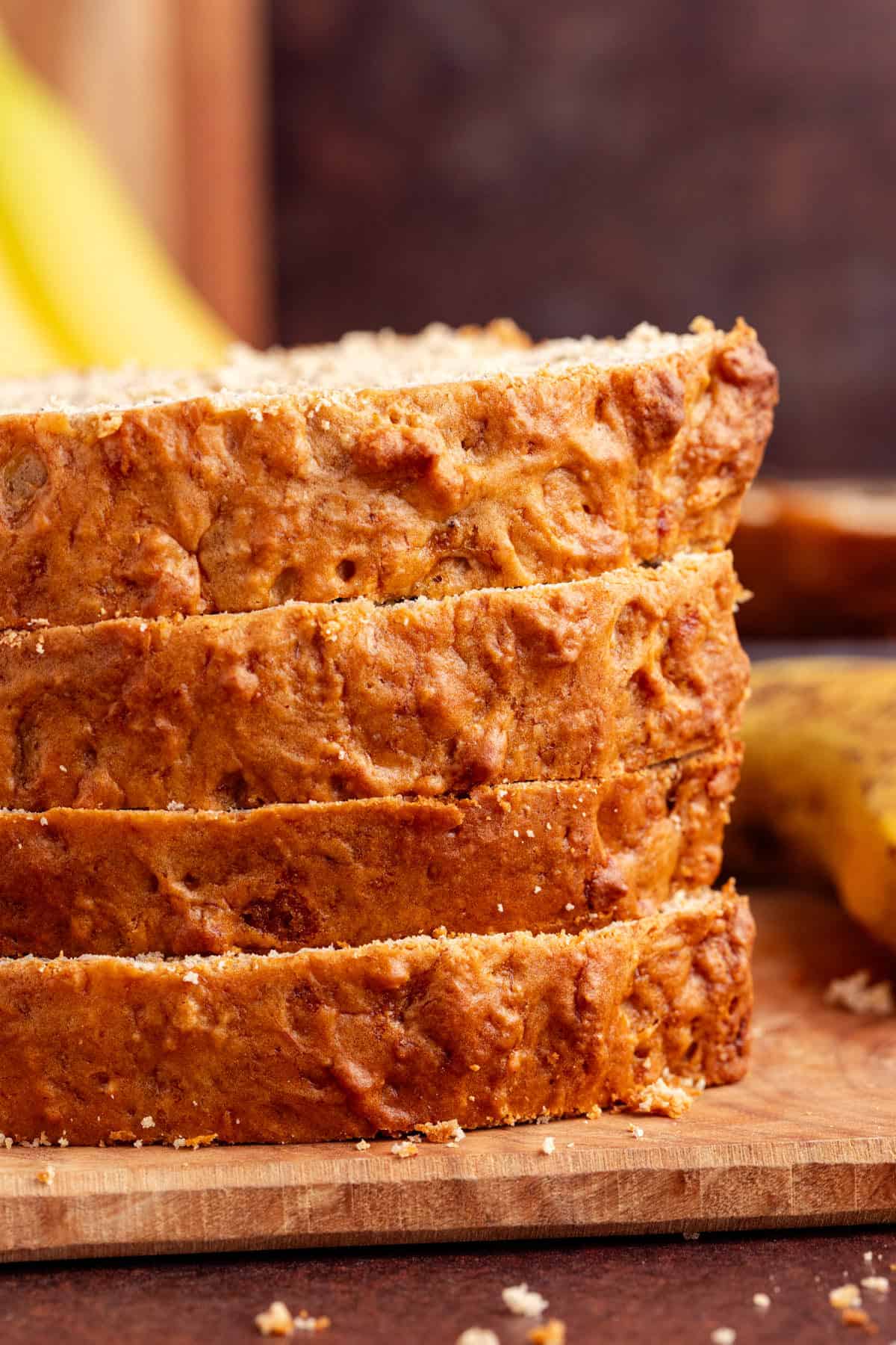4 Ingredient Banana Bread slices on a cutting board