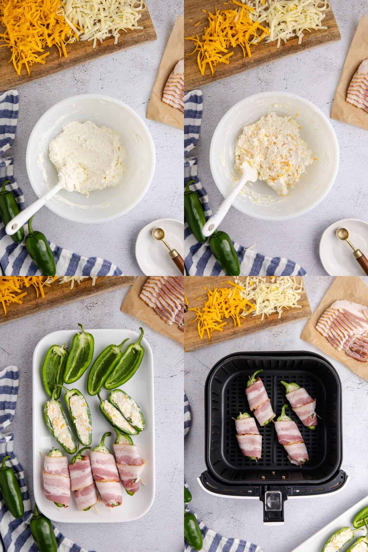 Bacon Wrapped Jalapeno Poppers filling being made in a bowl, assembling and put in an air fryer