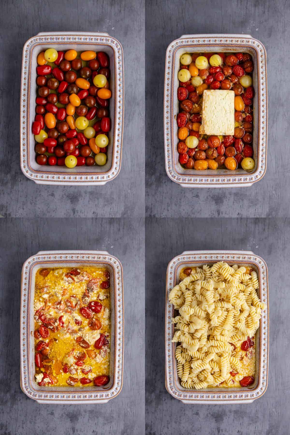 Feta Pasta Recipe Being Made in a Casserole Dish with Tomatoes and Block of Feta Cheese and Pasta