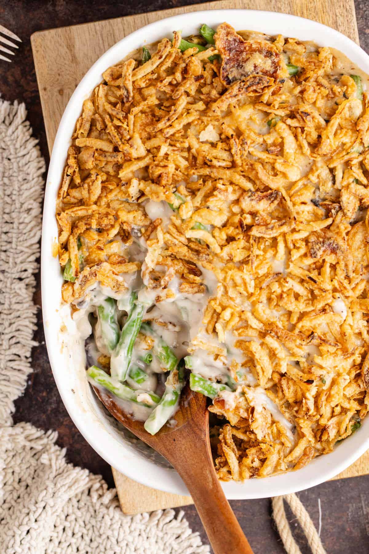 Overhead shot of a Green Bean Casserole with a spoon in it