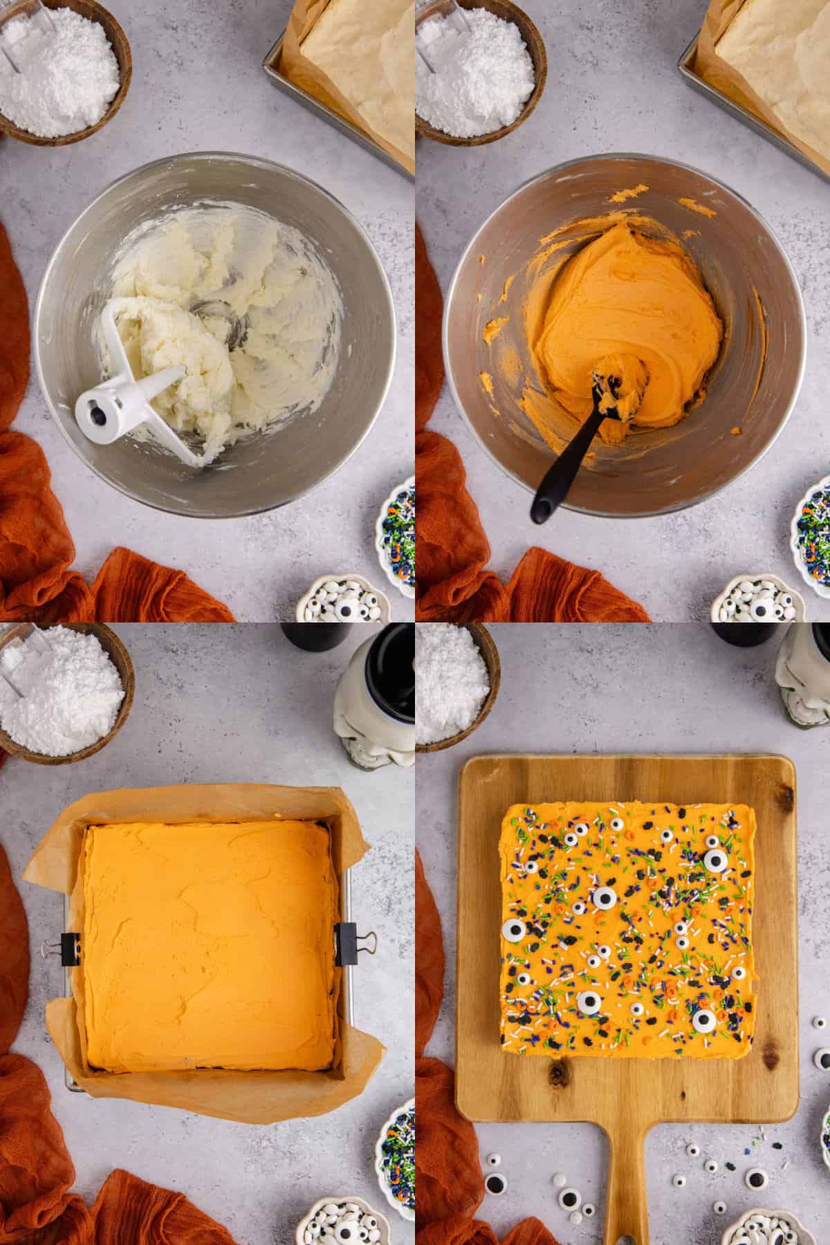Halloween Sugar Cookie Bars frosting being made