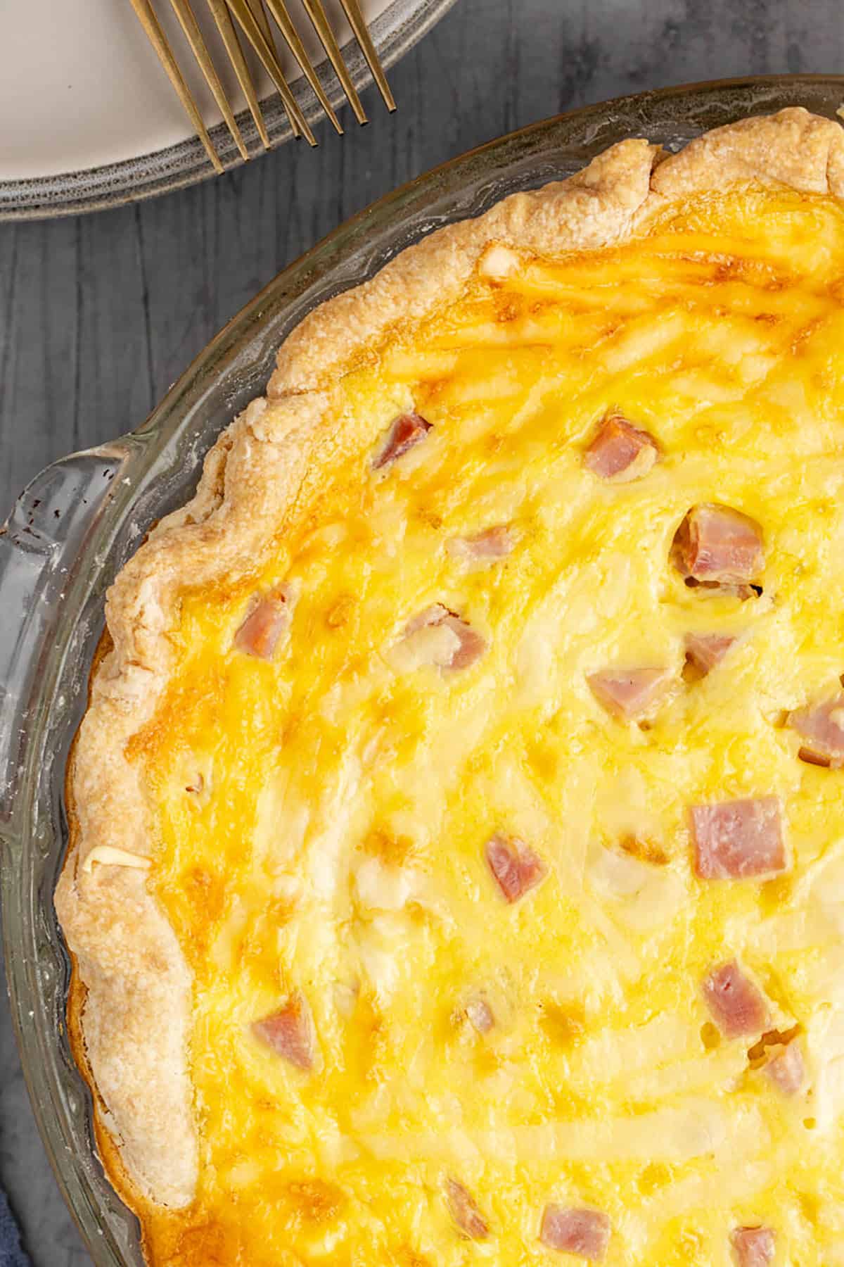 Ham and Swiss Quiche with Homemade Pie Crust Overhead View in Pie Dish