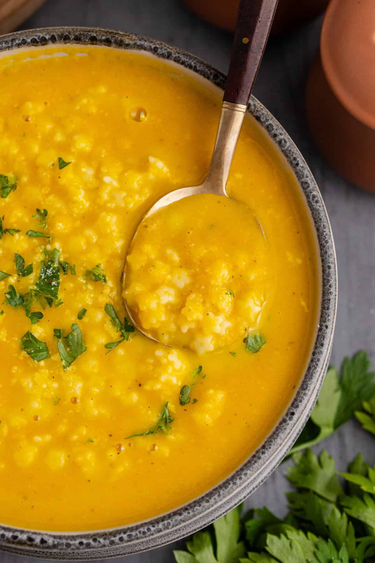 Italian Penicillin Soup Served in a Bowl with Fresh Parsley Overhead View