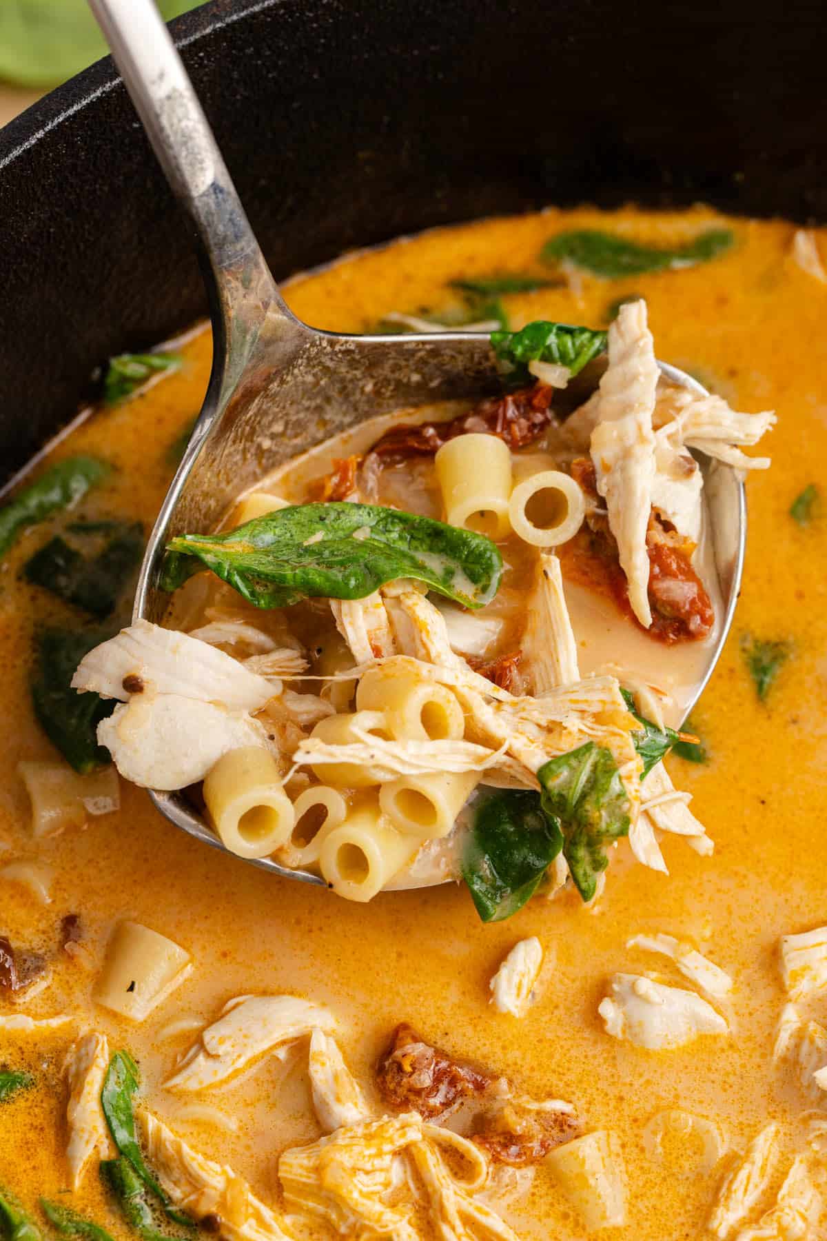 Marry Me Chicken Soup Ladled from Pot with Pasta Chicken Basil and Sundried Tomatoes