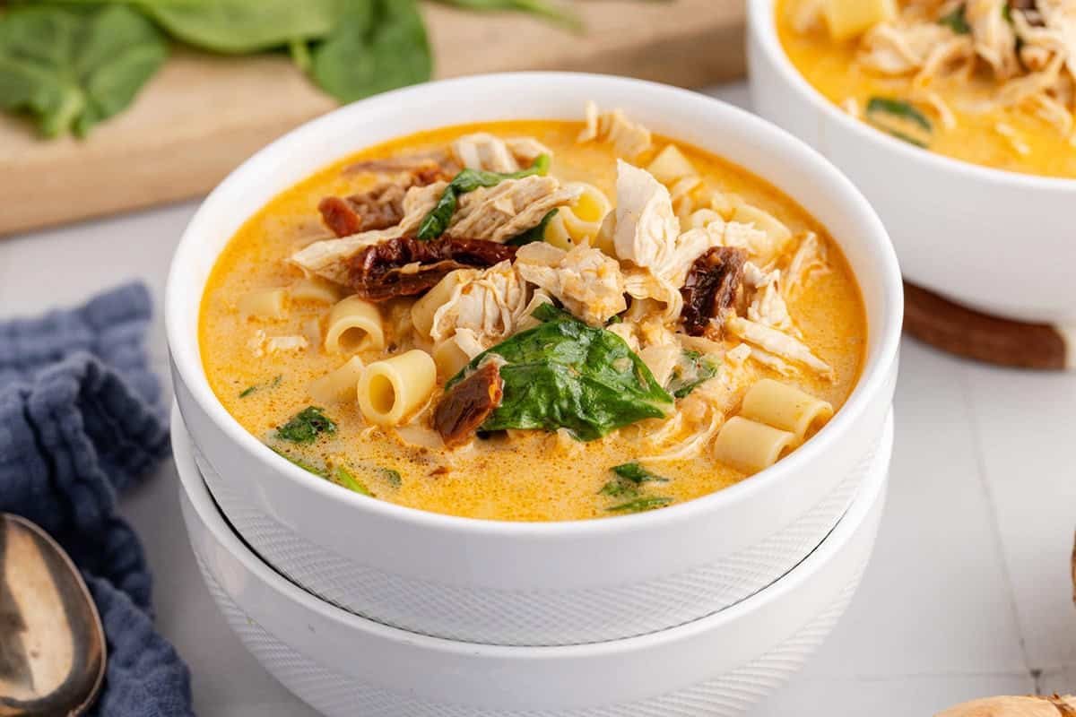 Marry Me Chicken Soup Served in a Bowl with Fresh Basil