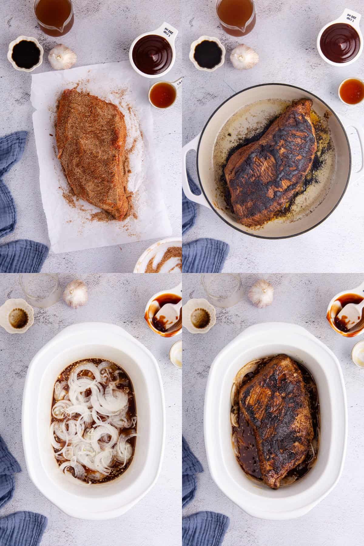 Slow Cooker Brisket being rubbed with spices, seared and put in the slow cooker