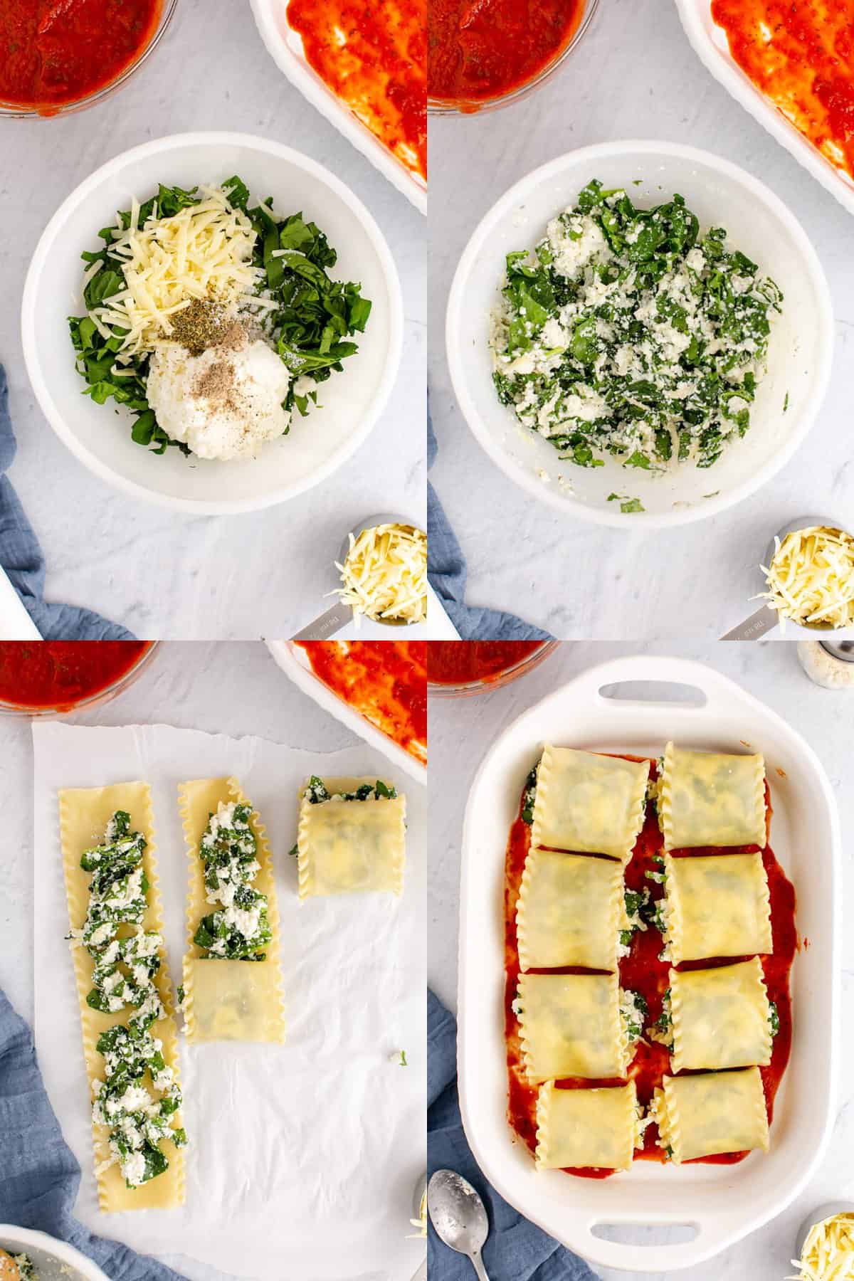 Process of Filling Being Made and Added to Spinach Lasagna Roll Ups with Lasagna Noodles