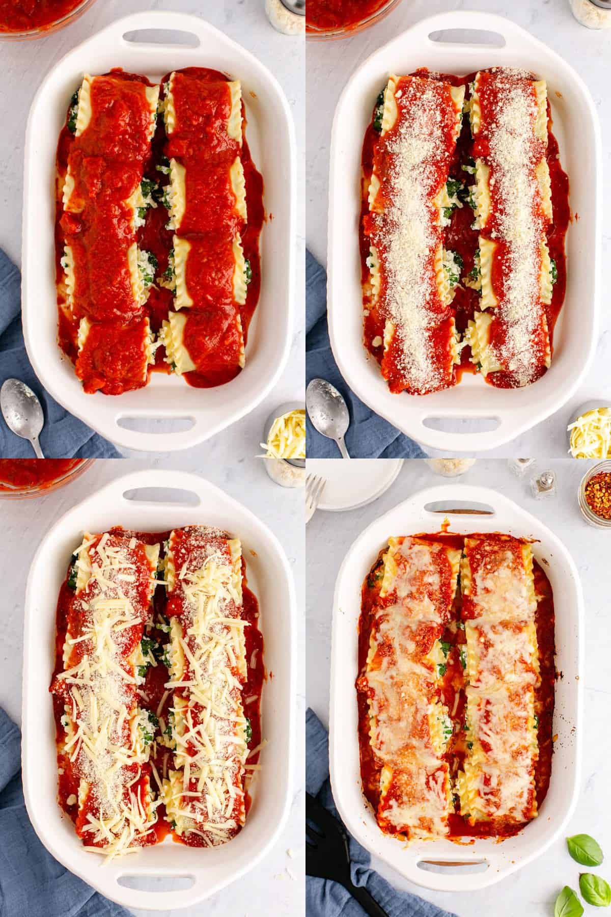 Process of Spinach Lasagna Roll Ups Being Made and Baked in Casserole Dish