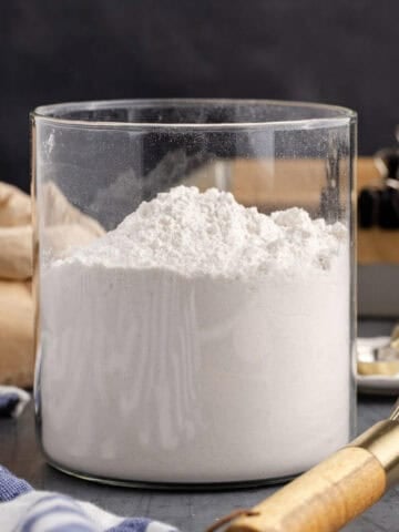 Clear Glass Container with Self Rising Flour Made with All Purpose Flour, Sea Salt, and Baking Powder