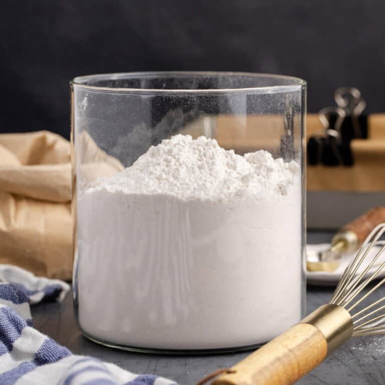 Clear Glass Container with Self Rising Flour Made with All Purpose Flour, Sea Salt, and Baking Powder