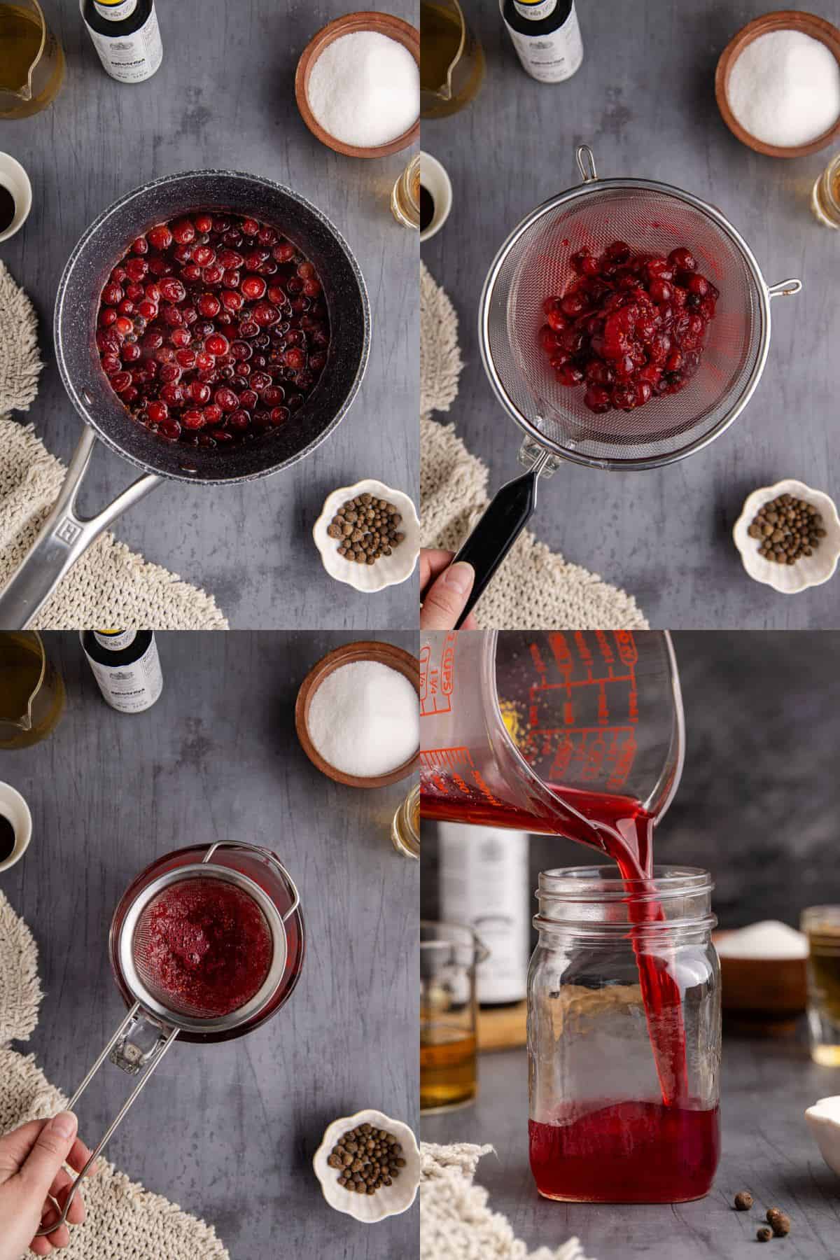 Cranberry Shrub being made in a saucepan and then poured into a mason jar