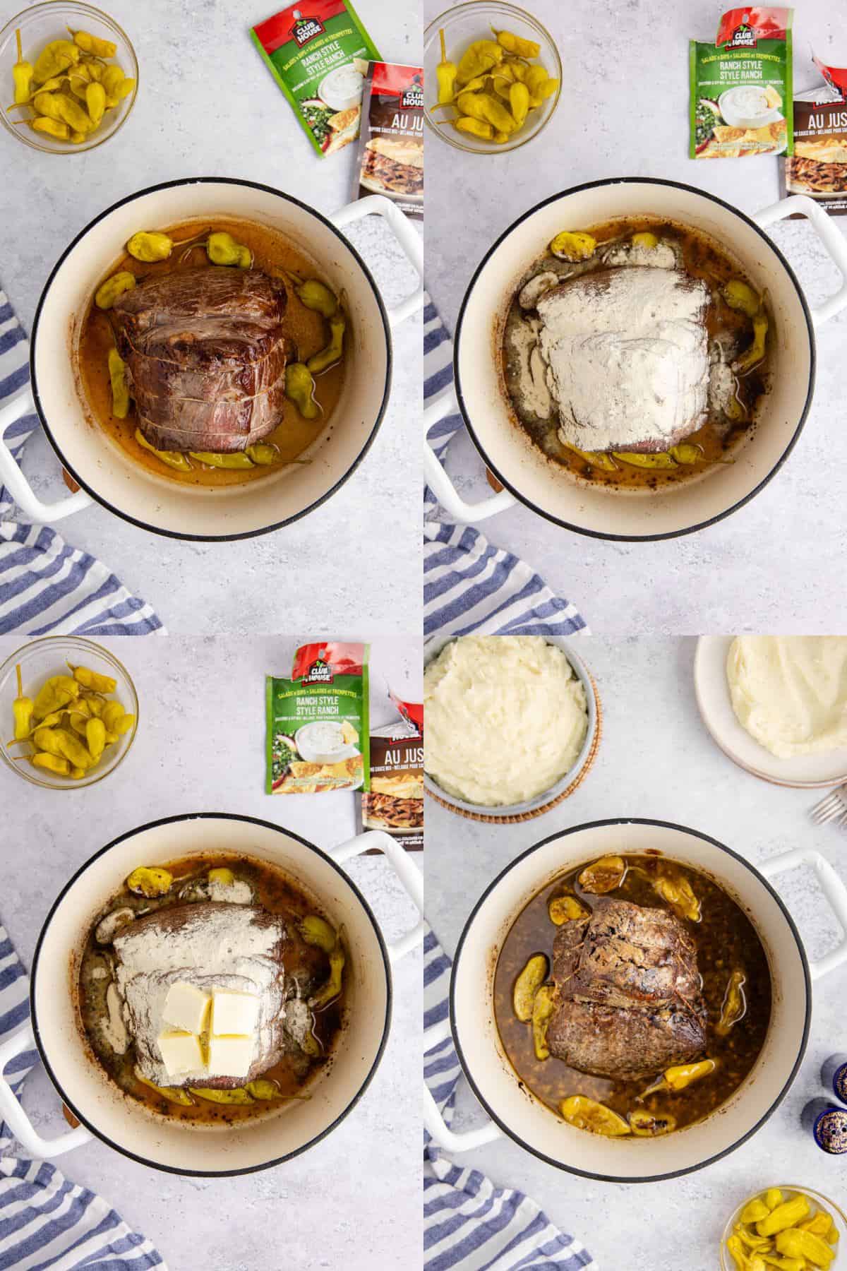 Mississippi Pot Roast being made in a Dutch oven