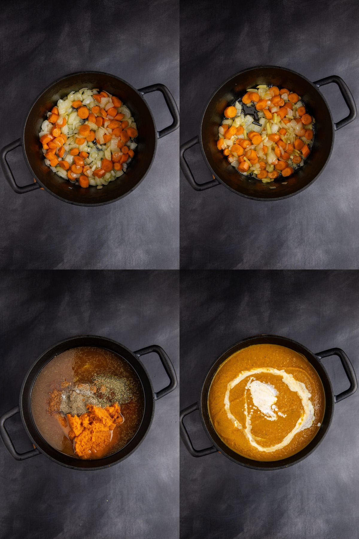 Pumpkin Carrot Soup being made in a large soup pot