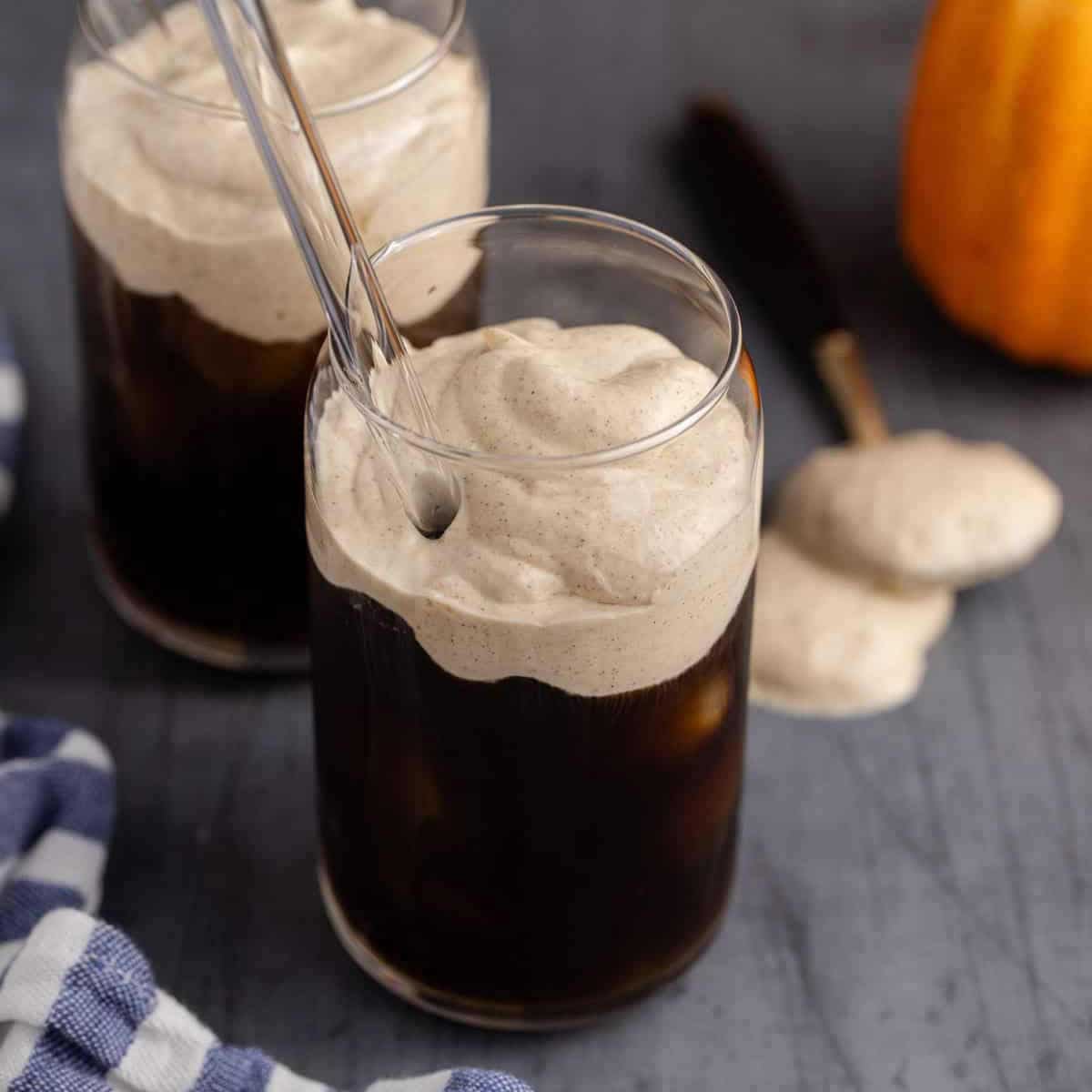 Pumpkin Cold Foam on top of a glass of cold brew